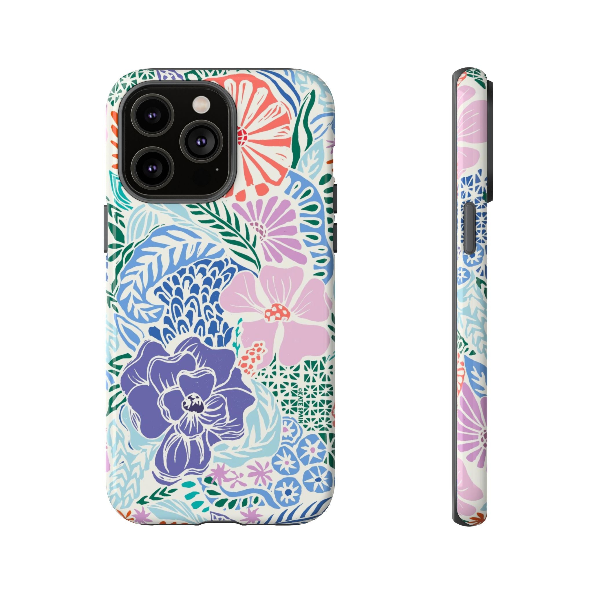 Tropica Tough iPhone 14 Pro Max Case – Glossy | purple, coral, pink, blue botanical tropical floral print