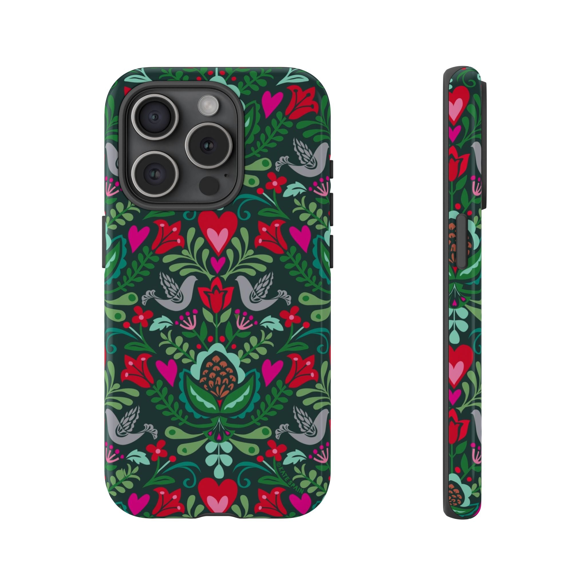 Rosemaling Tough iPhone 15 Pro Case – Glossy | dark green, red, pink, gray folk art floral bird print