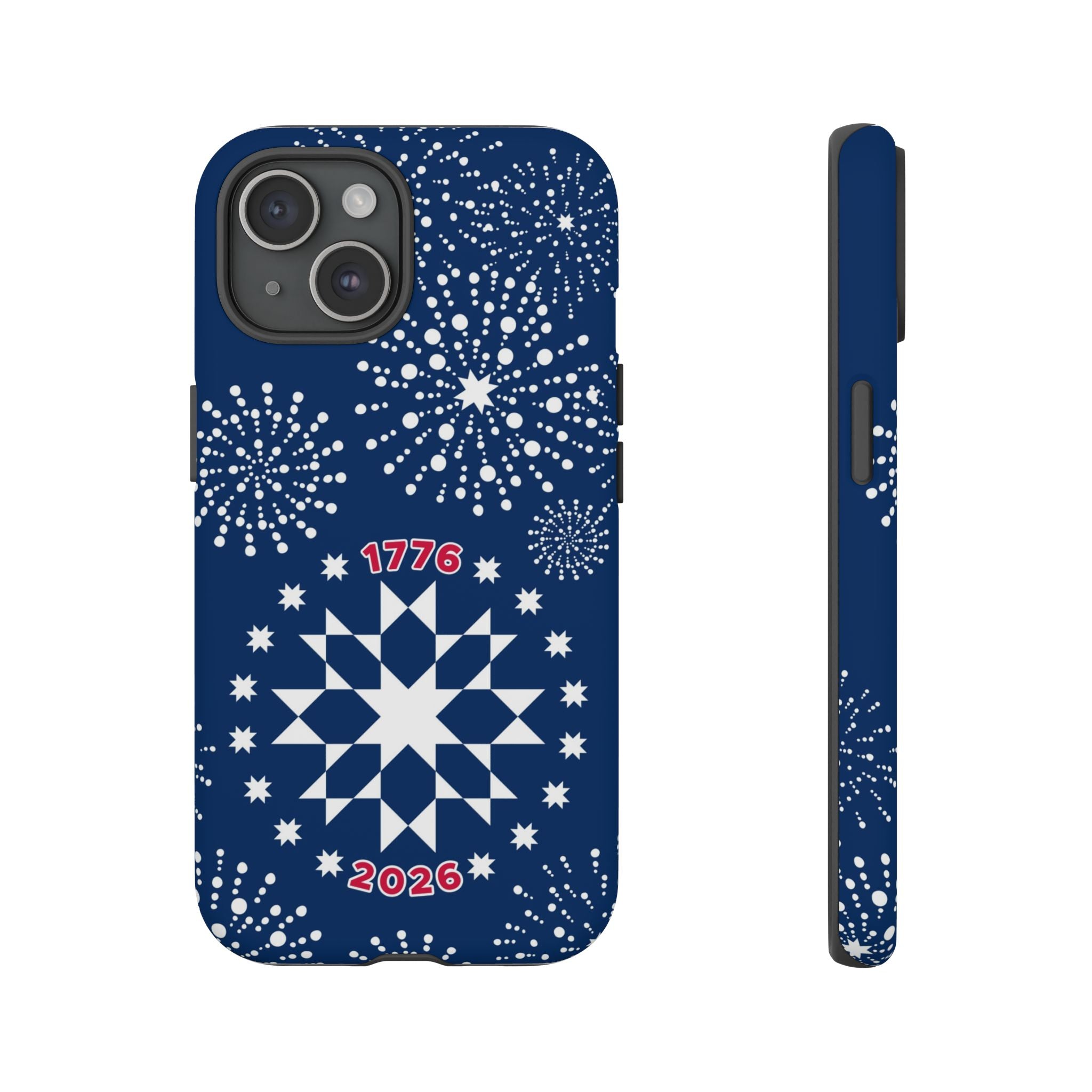250th Fireworks Tough iPhone 15 Case – Matte | navy, white patriotic star quilt fireworks print