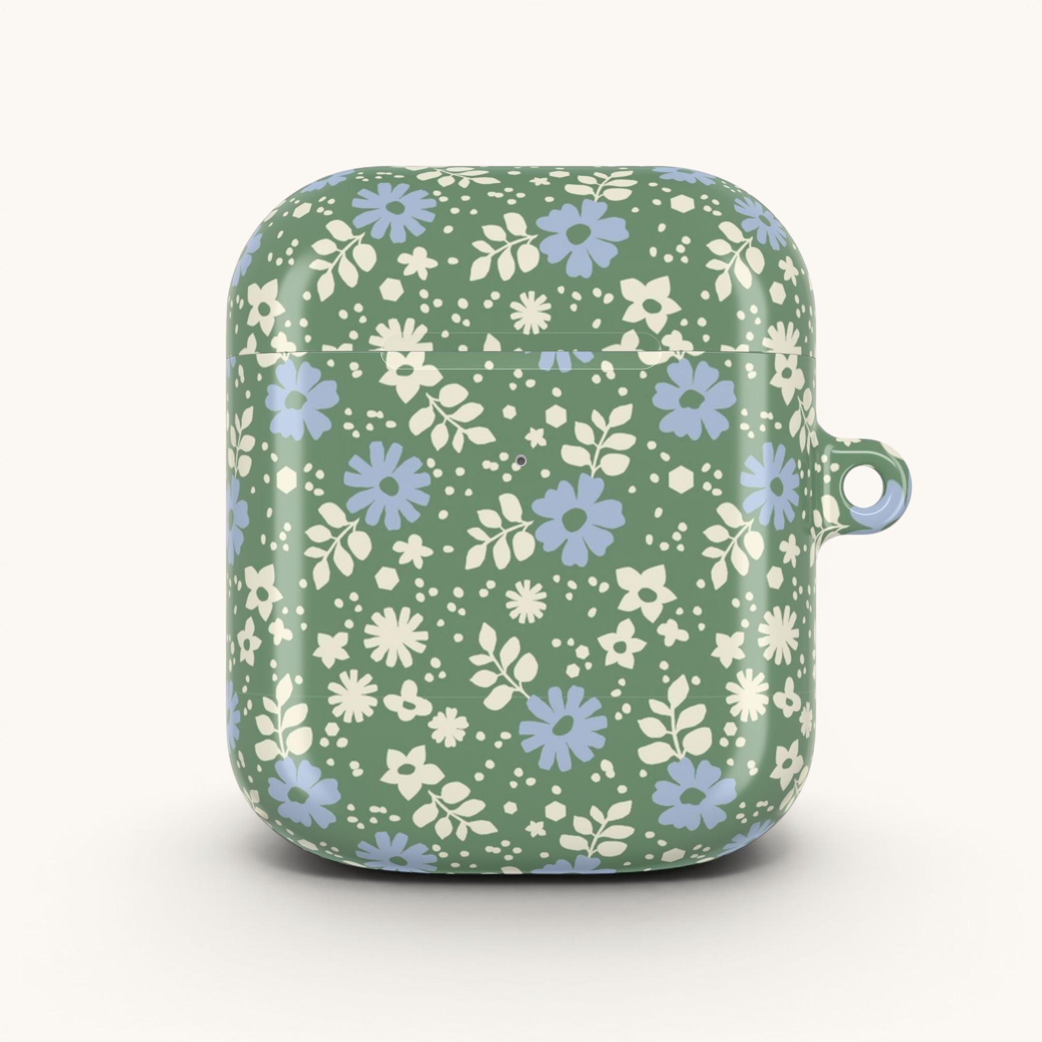 AirPods Gen 2 case – Glossy | periwinkle and cream ditsy flowers on sage green ground