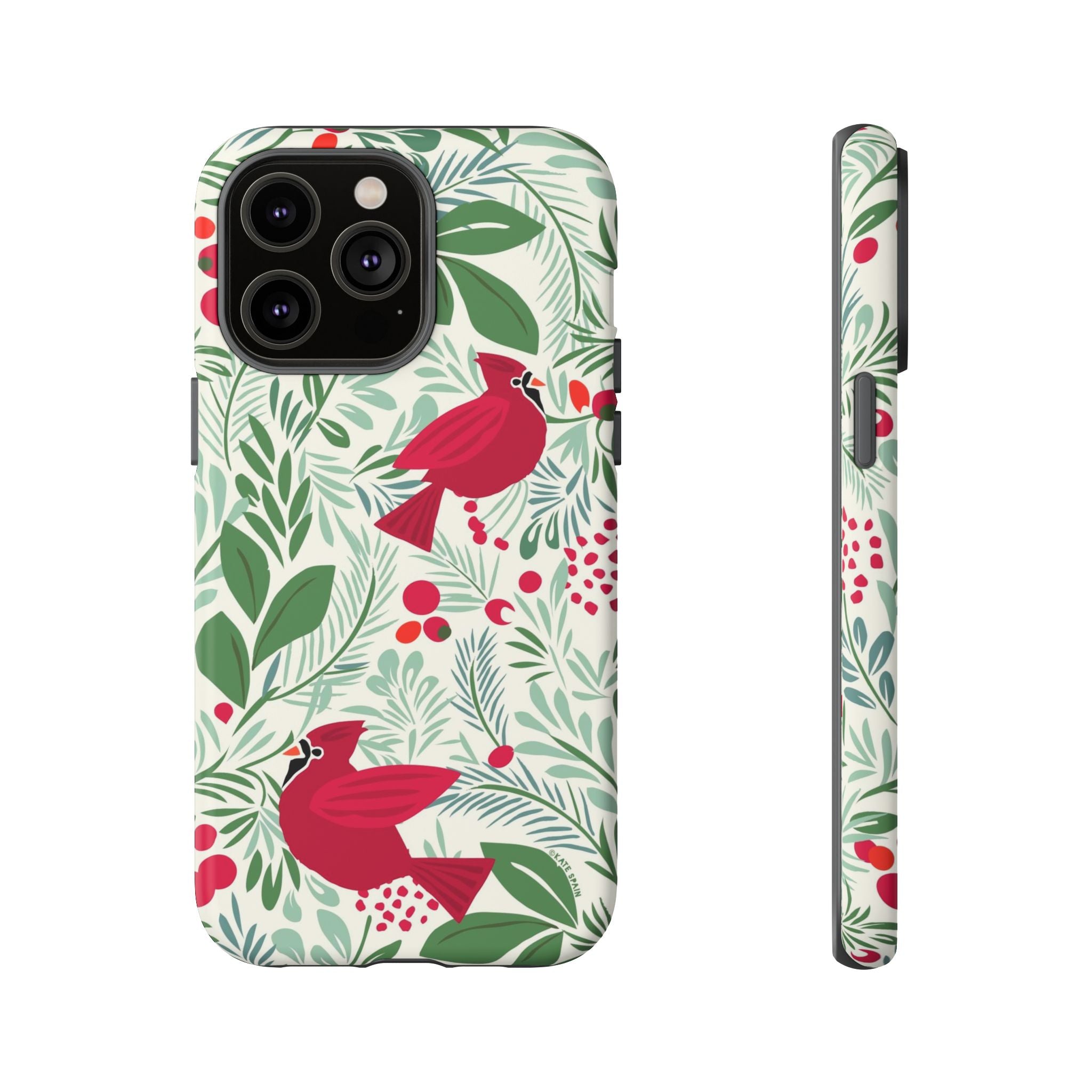 Birds and Berries Tough iPhone 14 Pro Max Case – Matte | cream, red, green botanical cardinal berry print