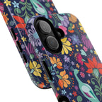 Peacock Sanctuary MagSafe iPhone 17 Case – Glossy | navy, teal, coral multicolor vibrant peacock feather botanical print | angled view closeup of camera cutout and buttons
