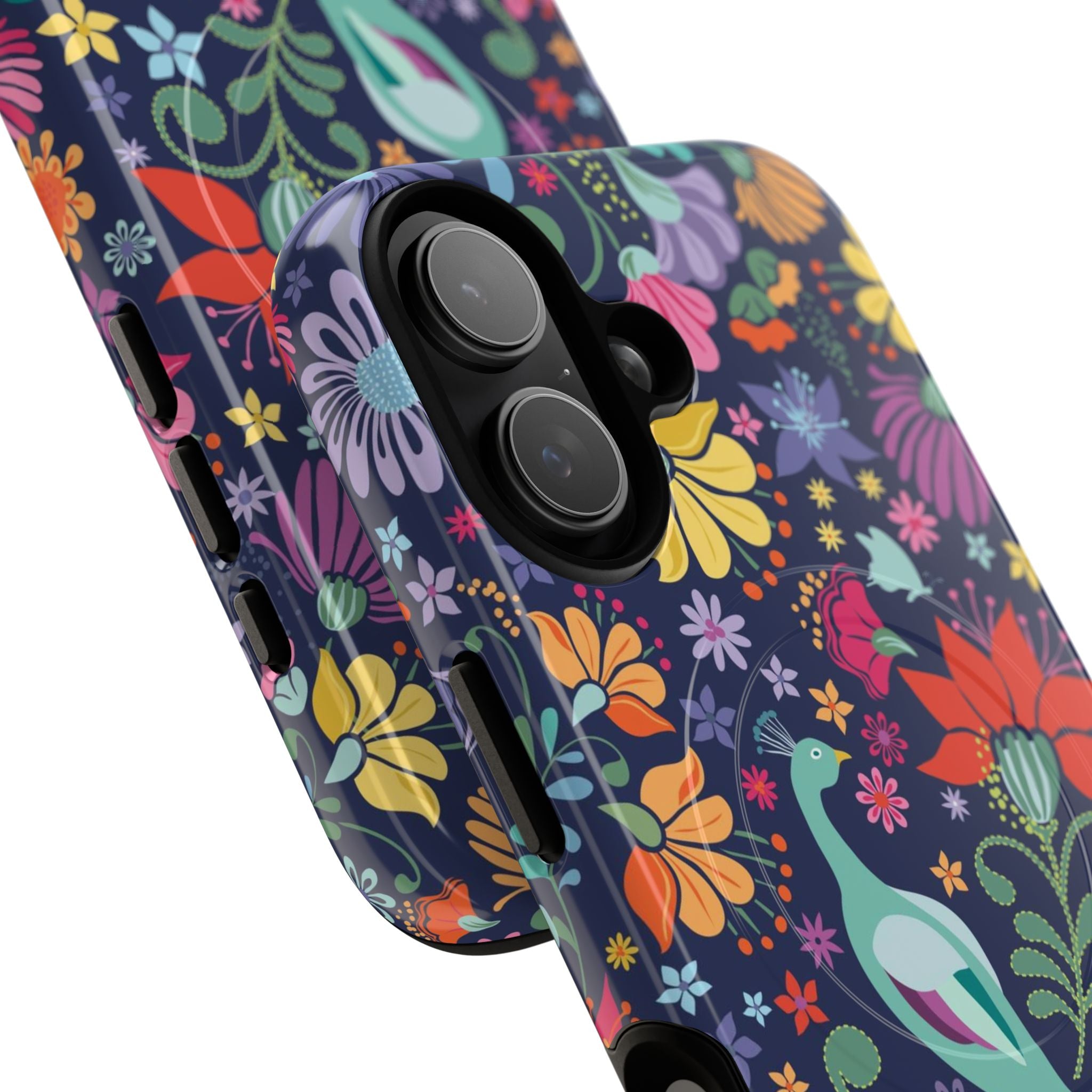 Peacock Sanctuary MagSafe iPhone 17 Case – Glossy | navy, teal, coral multicolor vibrant peacock feather botanical print | angled view closeup of camera cutout and buttons