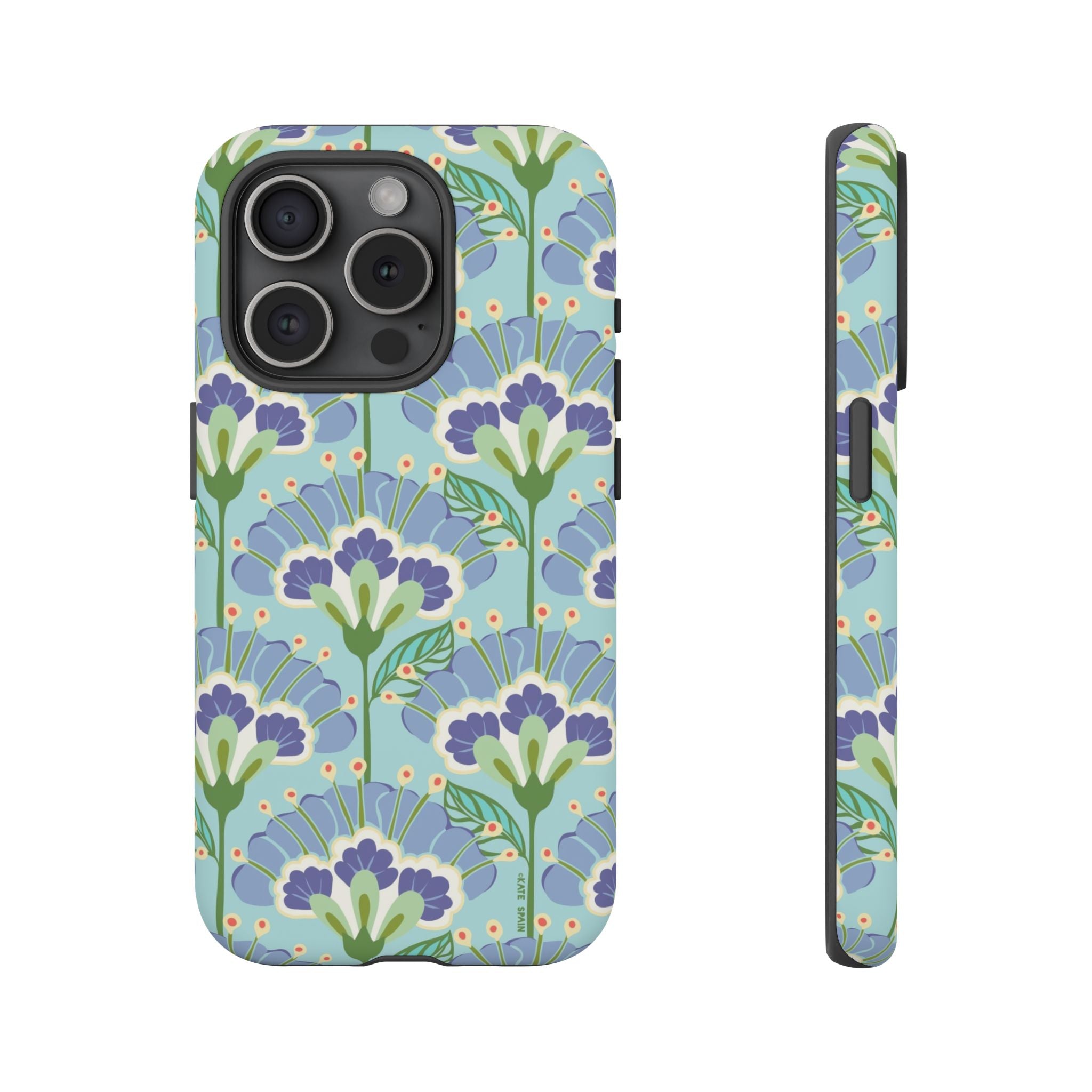 Lantern Flower Tough iPhone 16 Pro Case – Matte | aqua, periwinkle, green botanical lantern floral print
