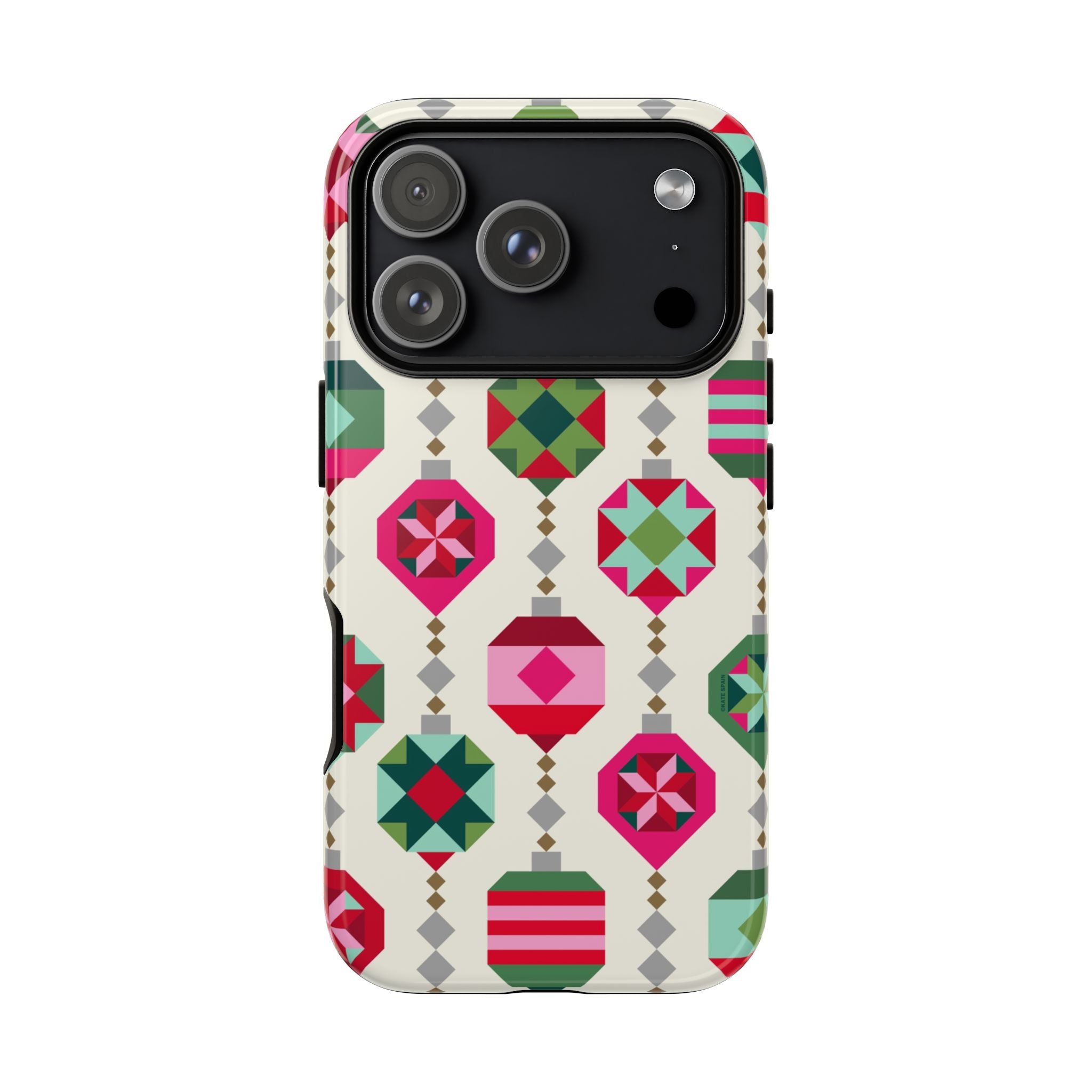 Felicity Ornaments Tough iPhone 17 Pro Case – Glossy | cream, red, pink, green, mint geometric quilted ornament print