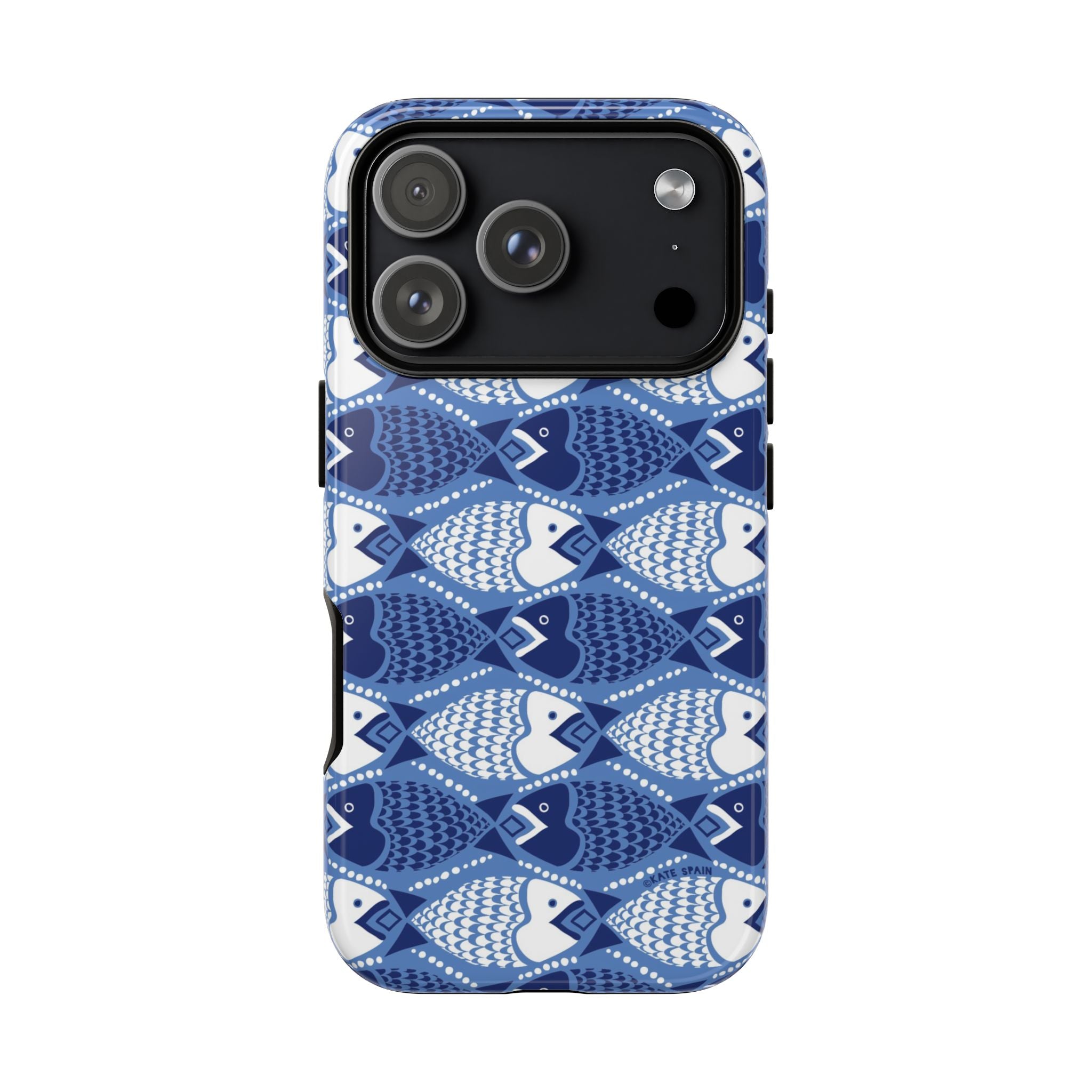 Catch of the Day Tough iPhone 17 Pro Case – Glossy | navy, blue, white geometric fish print