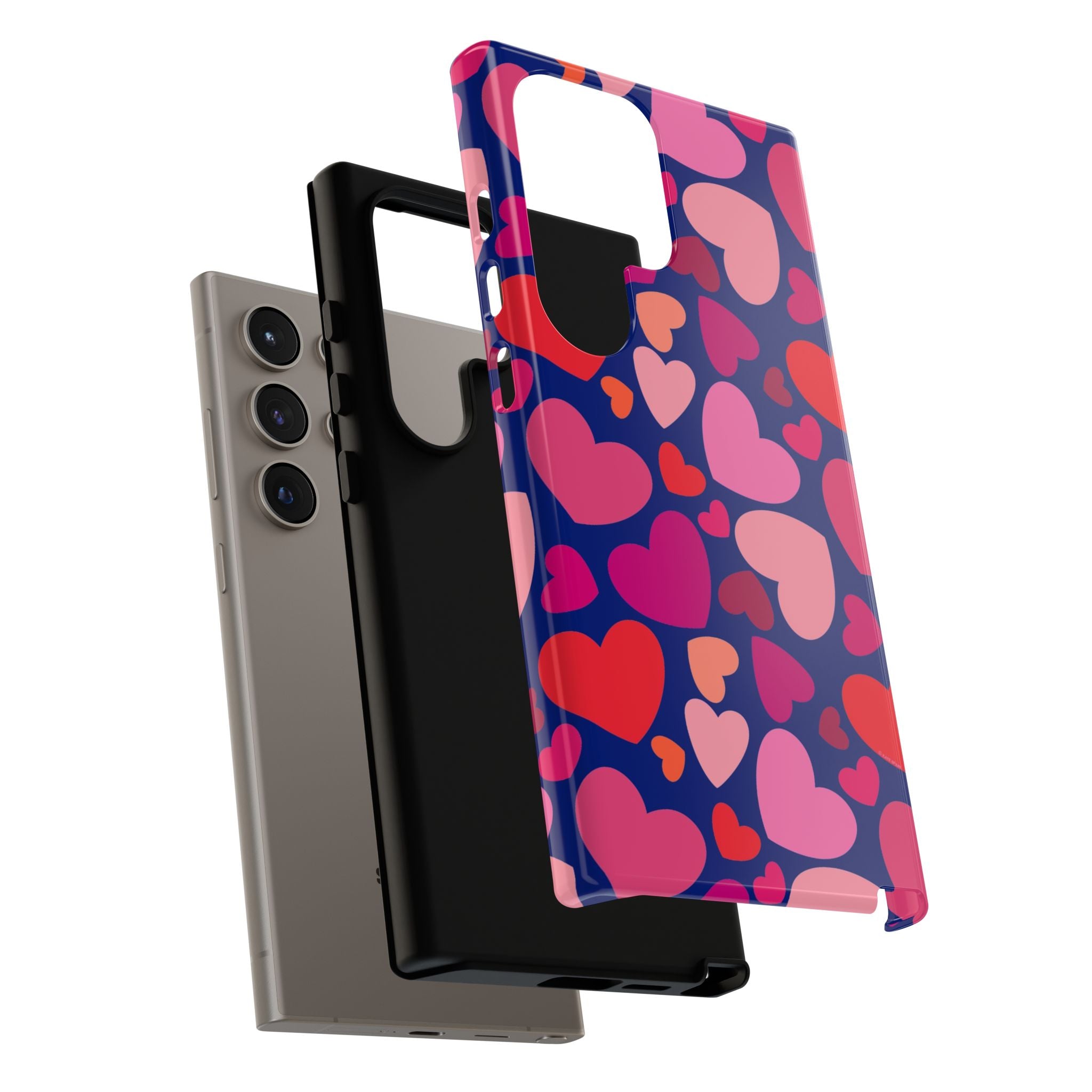 Hearts Samsung Galaxy S24 Ultra Case – close-up of layered construction | navy, pink, blush, red heart print