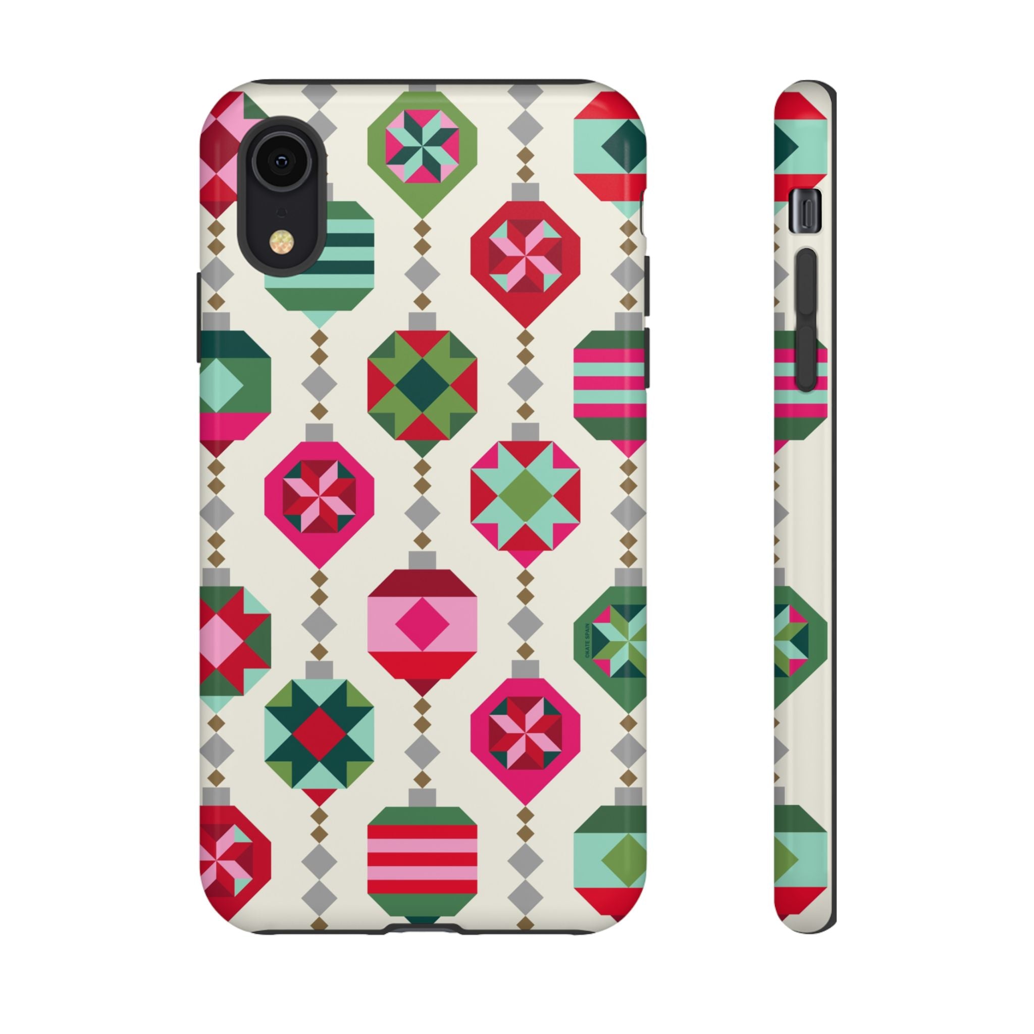 Felicity Ornaments Tough iPhone XR Case – Glossy | cream, red, pink, green, mint geometric quilted ornament print
