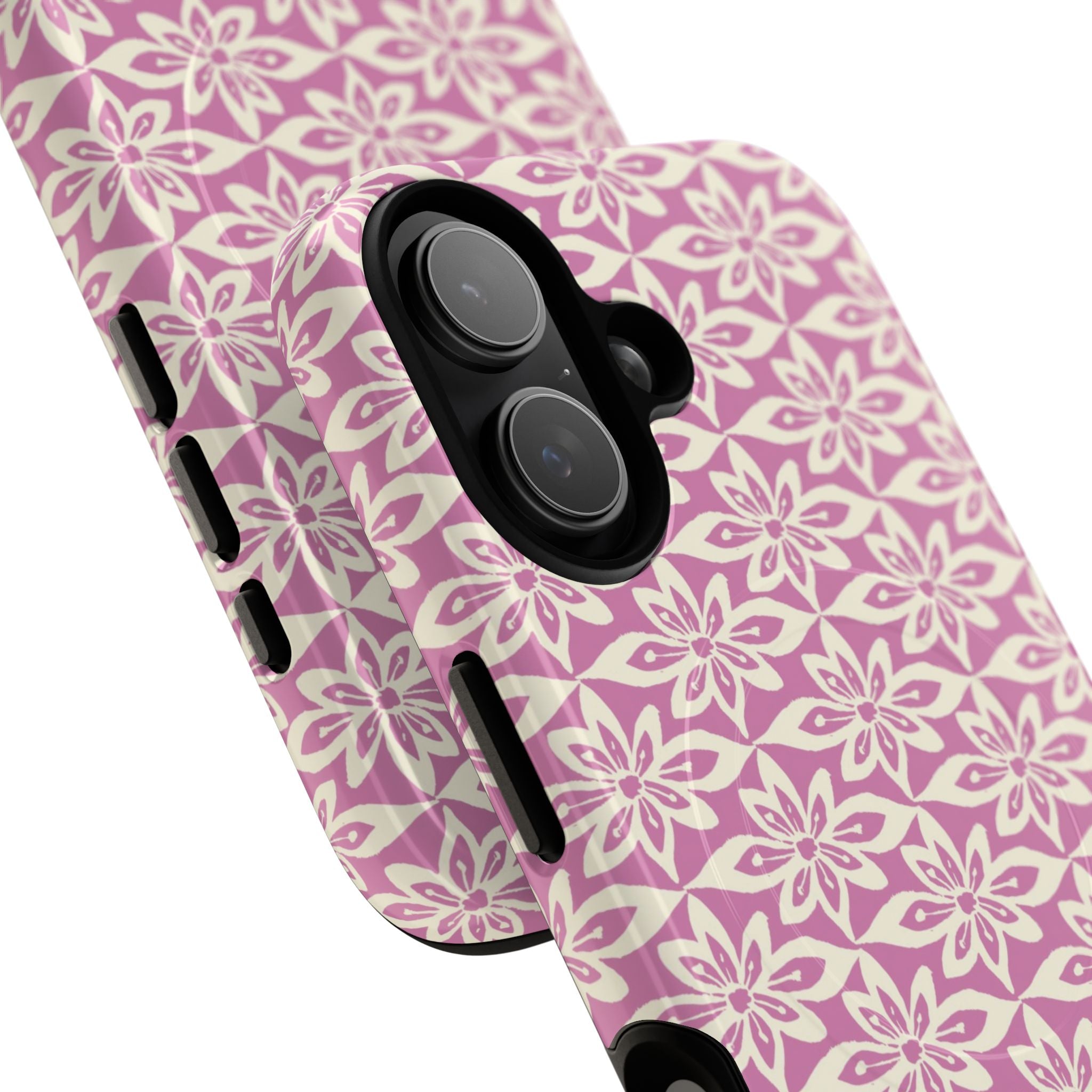 Lily Rose MagSafe iPhone 17 Case – Glossy | angled view showing camera cutout and buttons — botanical MagSafe case by Kate Spain