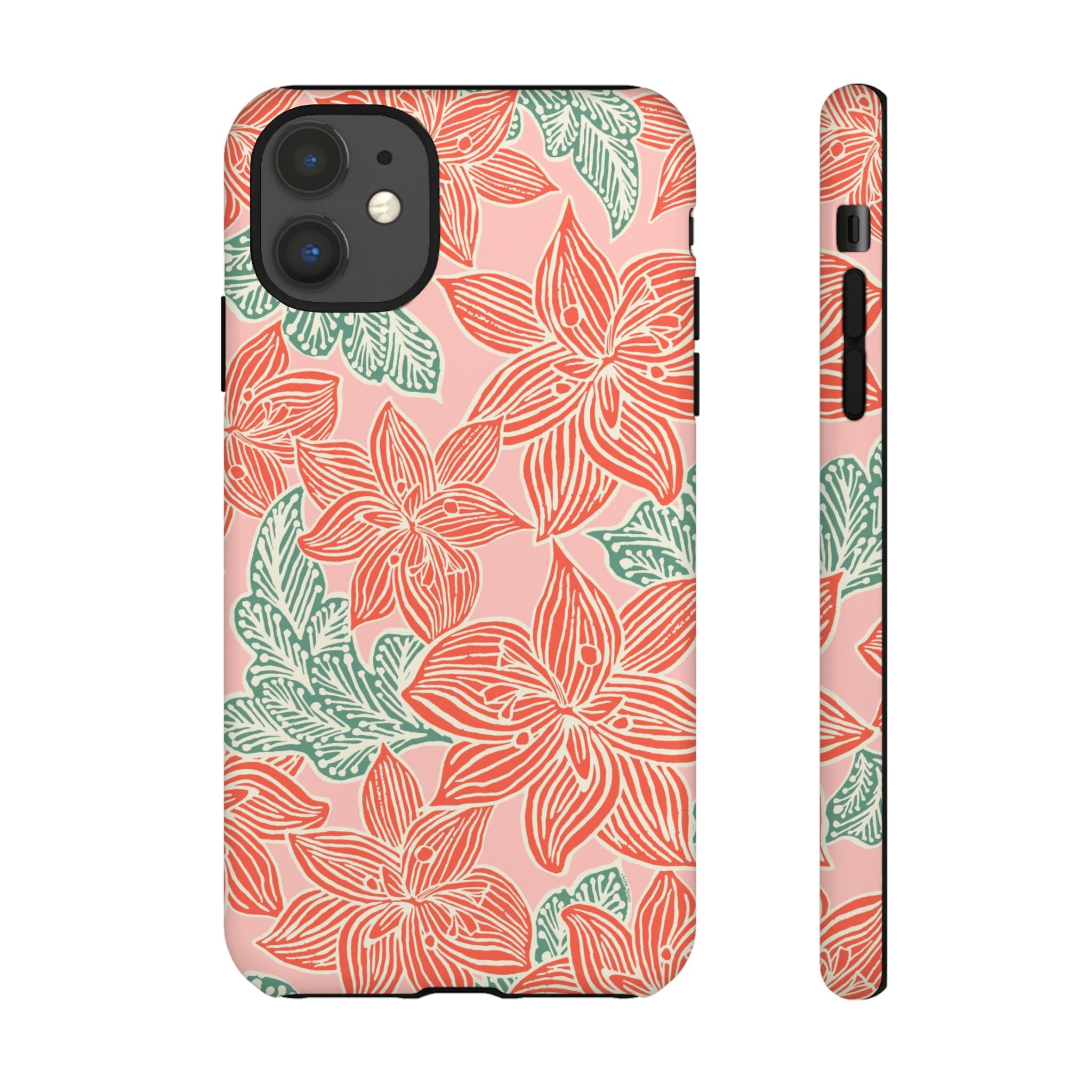 Hibiscus Coral iPhone 11 Matte Case — blush pink hard case with large-scale coral red hibiscus flowers and teal-green leaves in a bold botanical linework print, densely layered across the surface