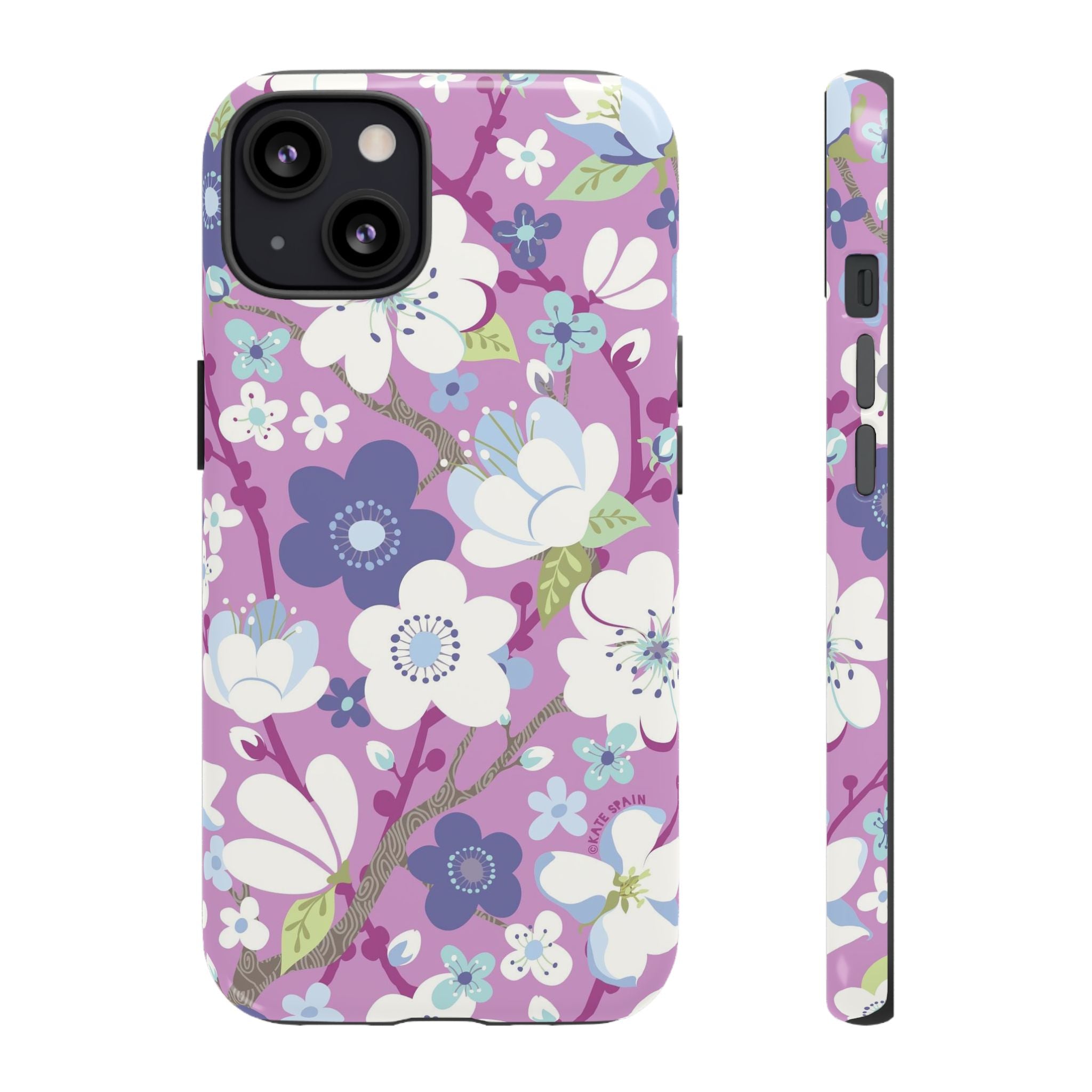 Luxury Cherry Blossom Tough iPhone 13 Case – Glossy | mauve, purple, blue, white cherry blossom print