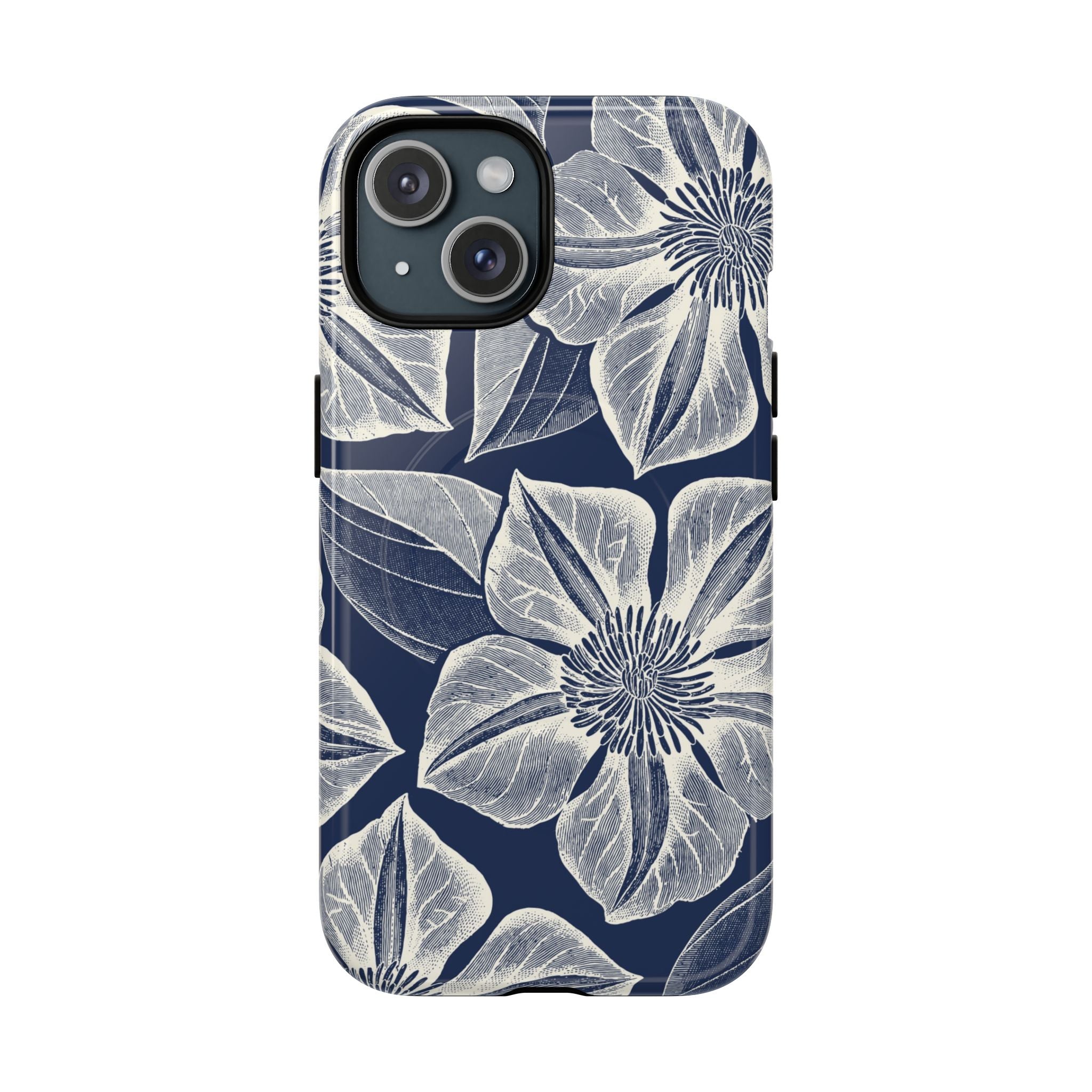 Vintage Bloom Navy MagSafe iPhone 15 Case – Glossy | navy ground, large-scale white clematis print, engraved petal detail, dual-layer protection