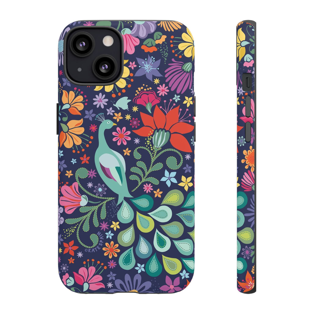 Peacock Sanctuary Tough iPhone 13 Case – Glossy | navy, teal, coral multicolor vibrant peacock feather botanical print