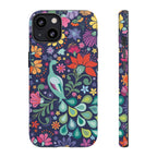 Peacock Sanctuary Tough iPhone 13 Case – Glossy | navy, teal, coral multicolor vibrant peacock feather botanical print