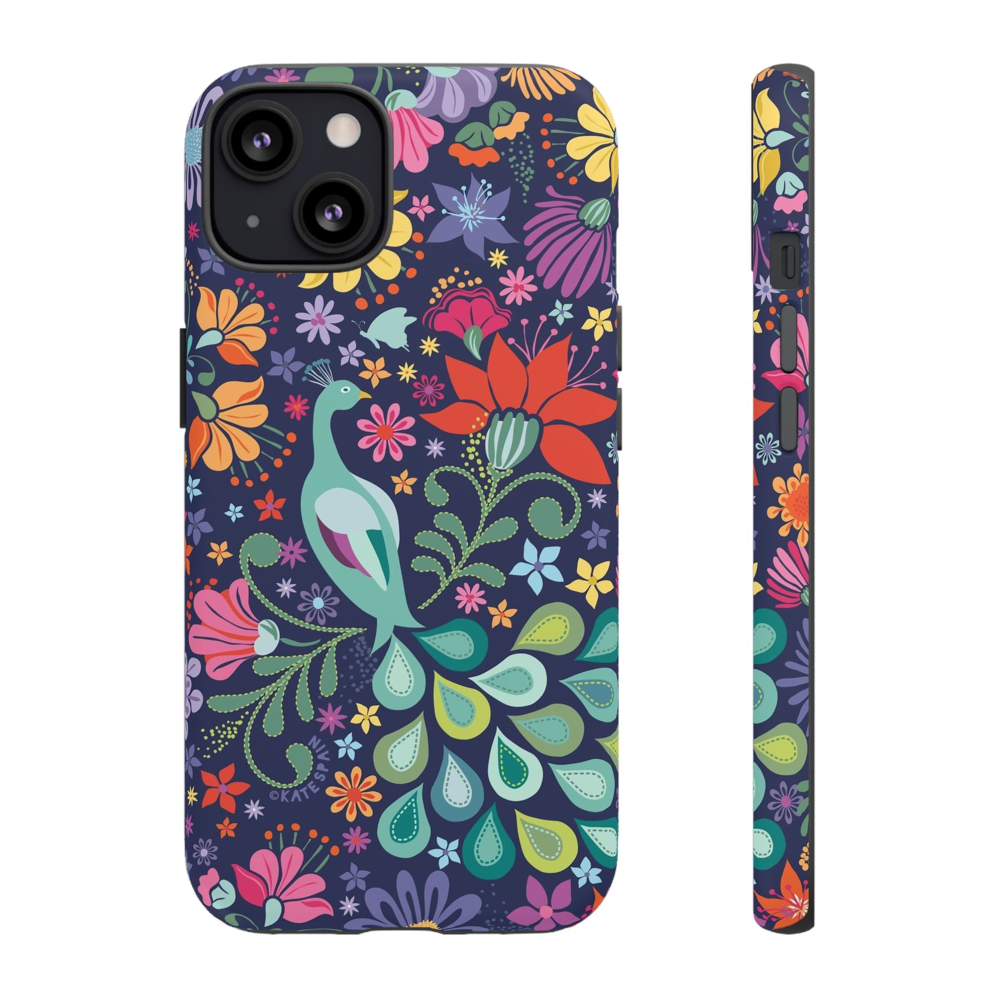 Peacock Sanctuary Tough iPhone 13 Case – Glossy | navy, teal, coral multicolor vibrant peacock feather botanical print