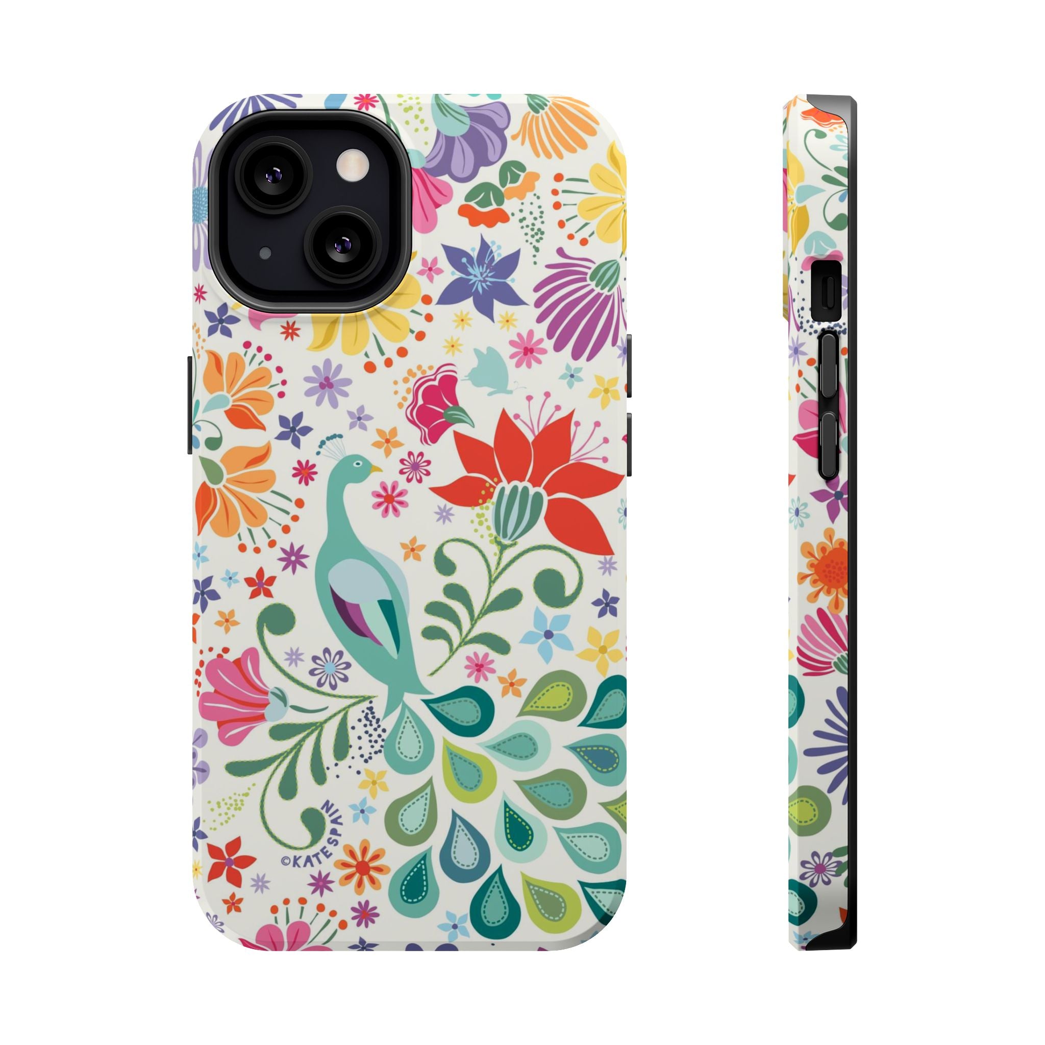 Peacock Sanctuary MagSafe iPhone 13 Case – Glossy | ivory, teal, navy peacock botanical print MagSafe compatible, dual-layer protection