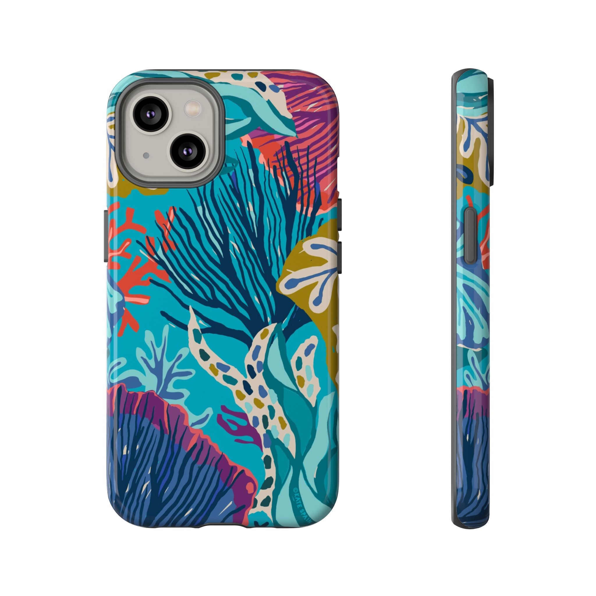 Reef Tough iPhone 14 Case – Glossy | teal, coral, navy, purple botanical coral reef print
