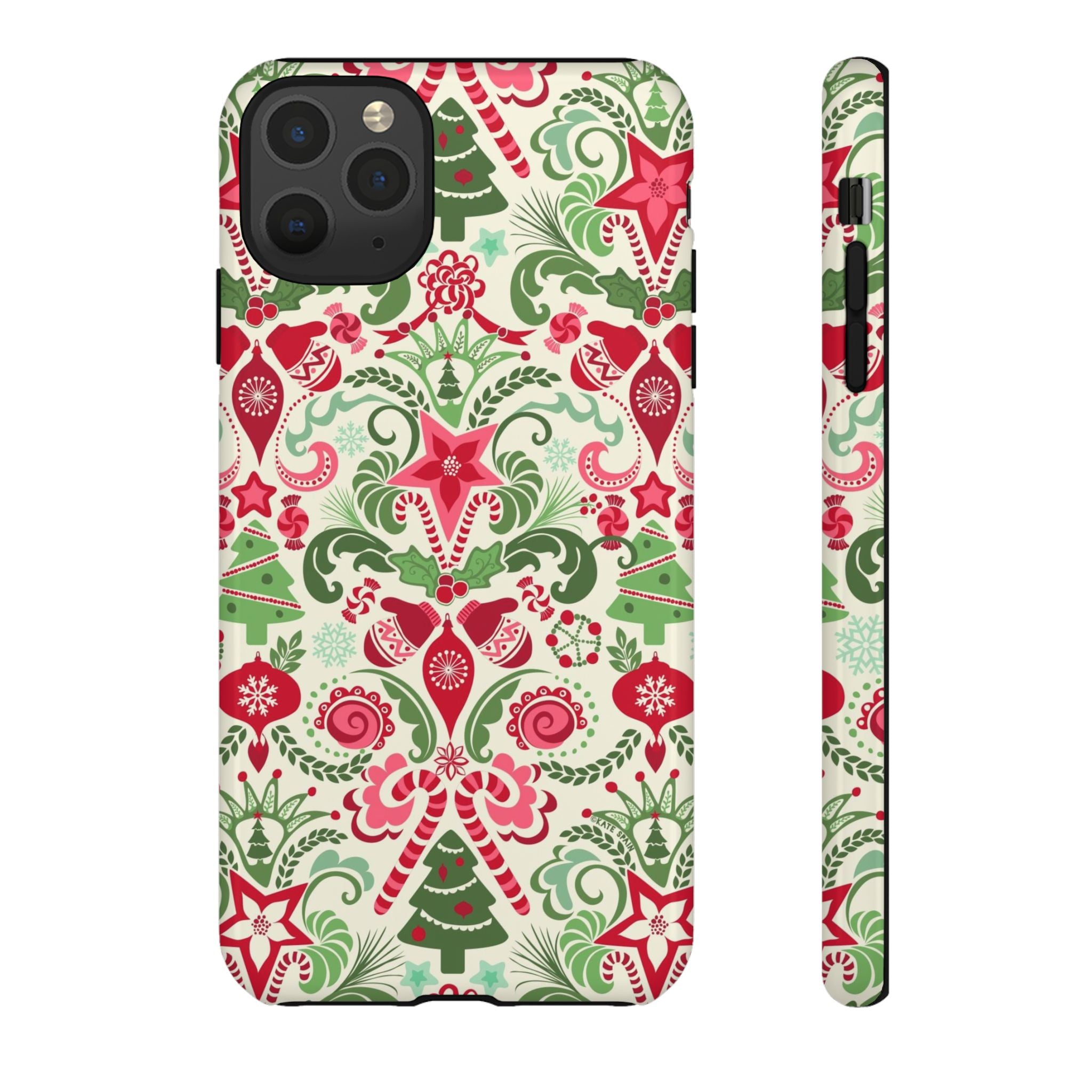 Wonderland Tough iPhone 11 Pro Max Case – Glossy | cream, red, green Christmas ornament damask print