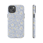 Montauk Daisy Cottage Blue iPhone 15 Plus Case – Glossy | periwinkle blue, white graphic daisy and fern print, golden yellow centers | dual-layer protection