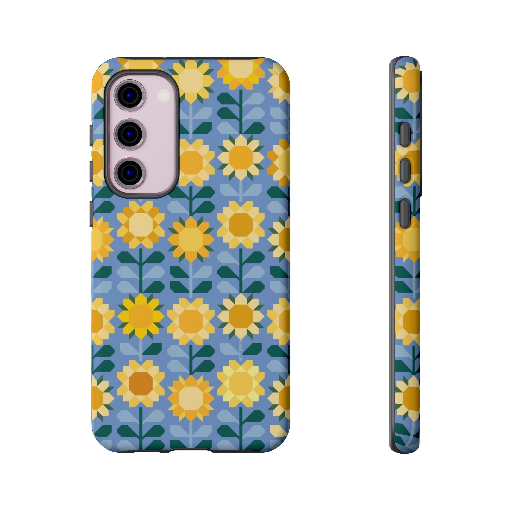 Luxury Sunflowers Samsung Galaxy S23 Plus Case – Matte | blue, yellow, gold geometric sunflower print 