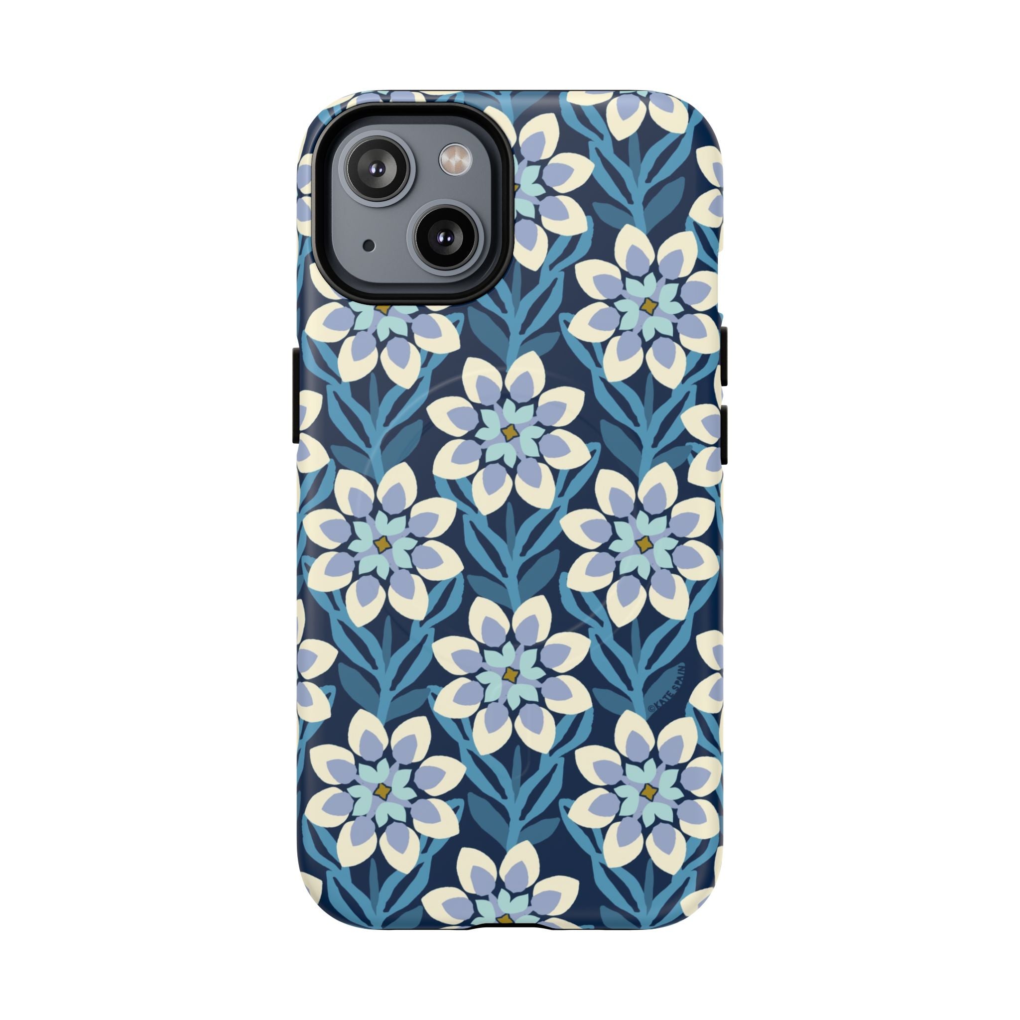 Luxury Modern Dahlia MagSafe iPhone 14 Case – Matte | navy, slate blue, white geometric dahlia tile floral print