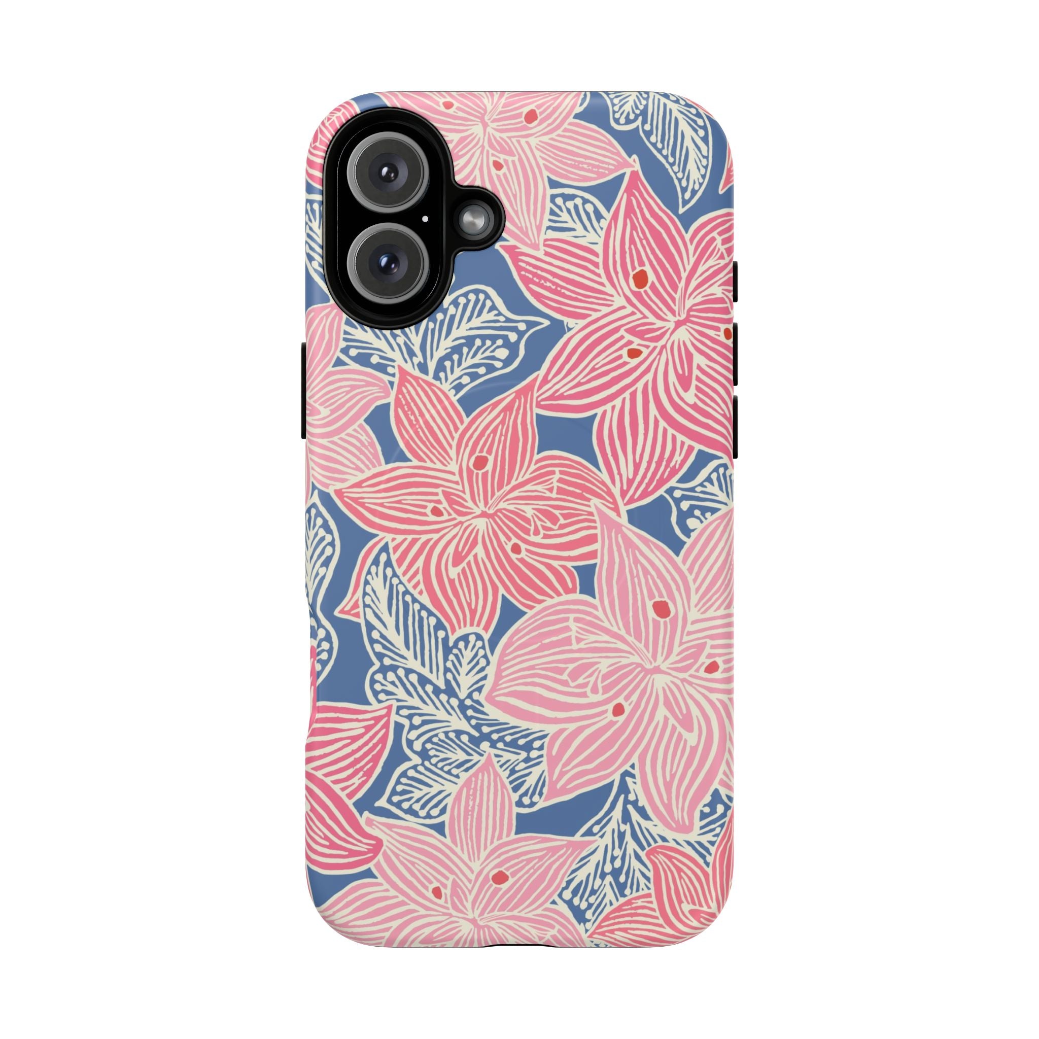 Hibiscus Lagoon MagSafe iPhone 16 Plus Case – Glossy | coral, blush, cream, dusty blue hibiscus botanical print