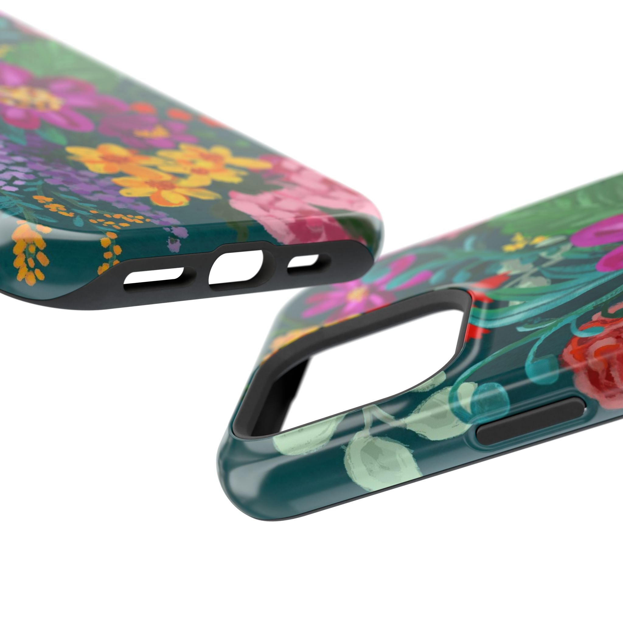Posy MagSafe iPhone 16 Pro Max Case – Glossy angled view closeup of camera cutout and buttons | teal, magenta, yellow, pink vibrant botanical floral print