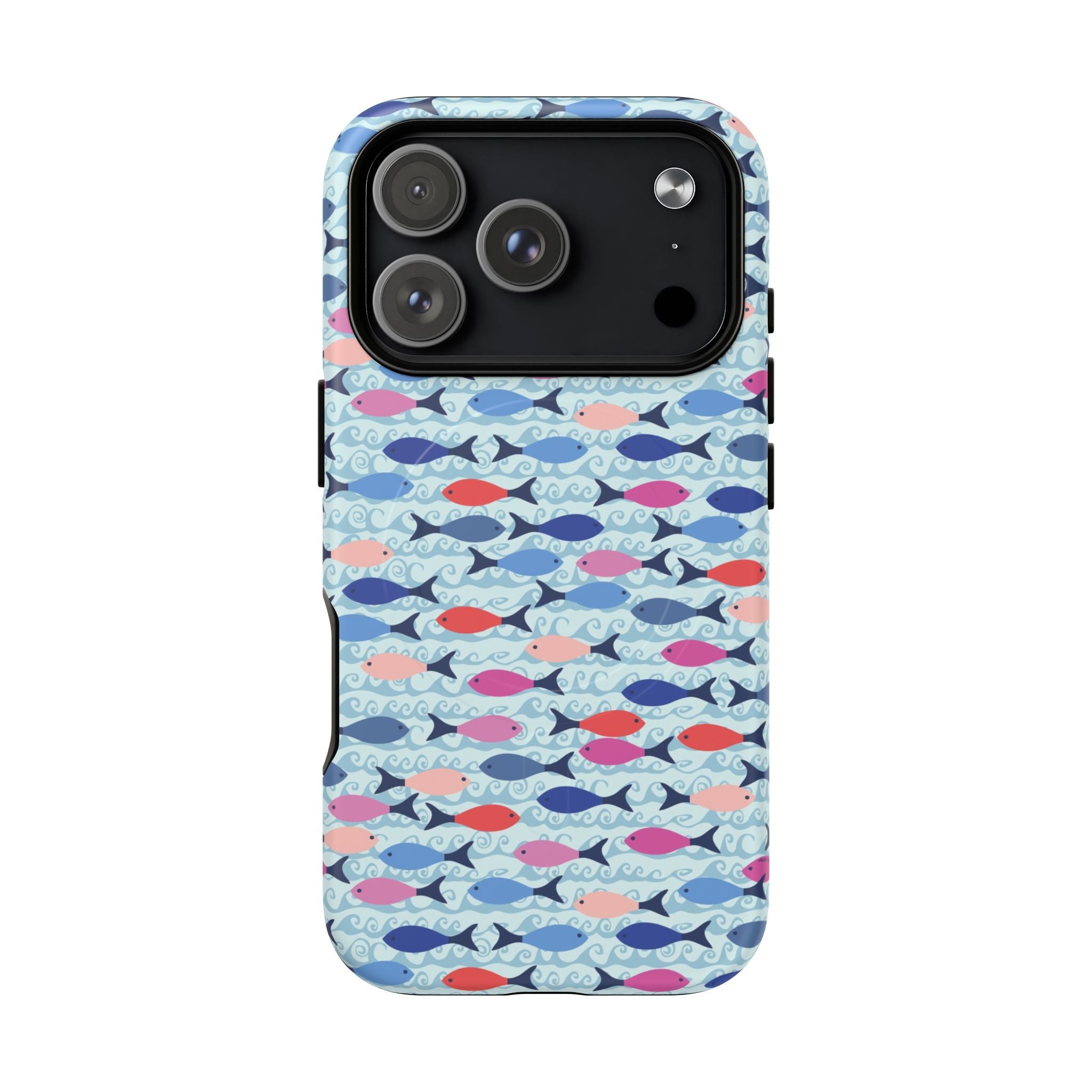 Summer Minnows MagSafe iPhone 17 Pro Case – Matte | navy, coral, pink, and periwinkle fish on a pale aqua ground