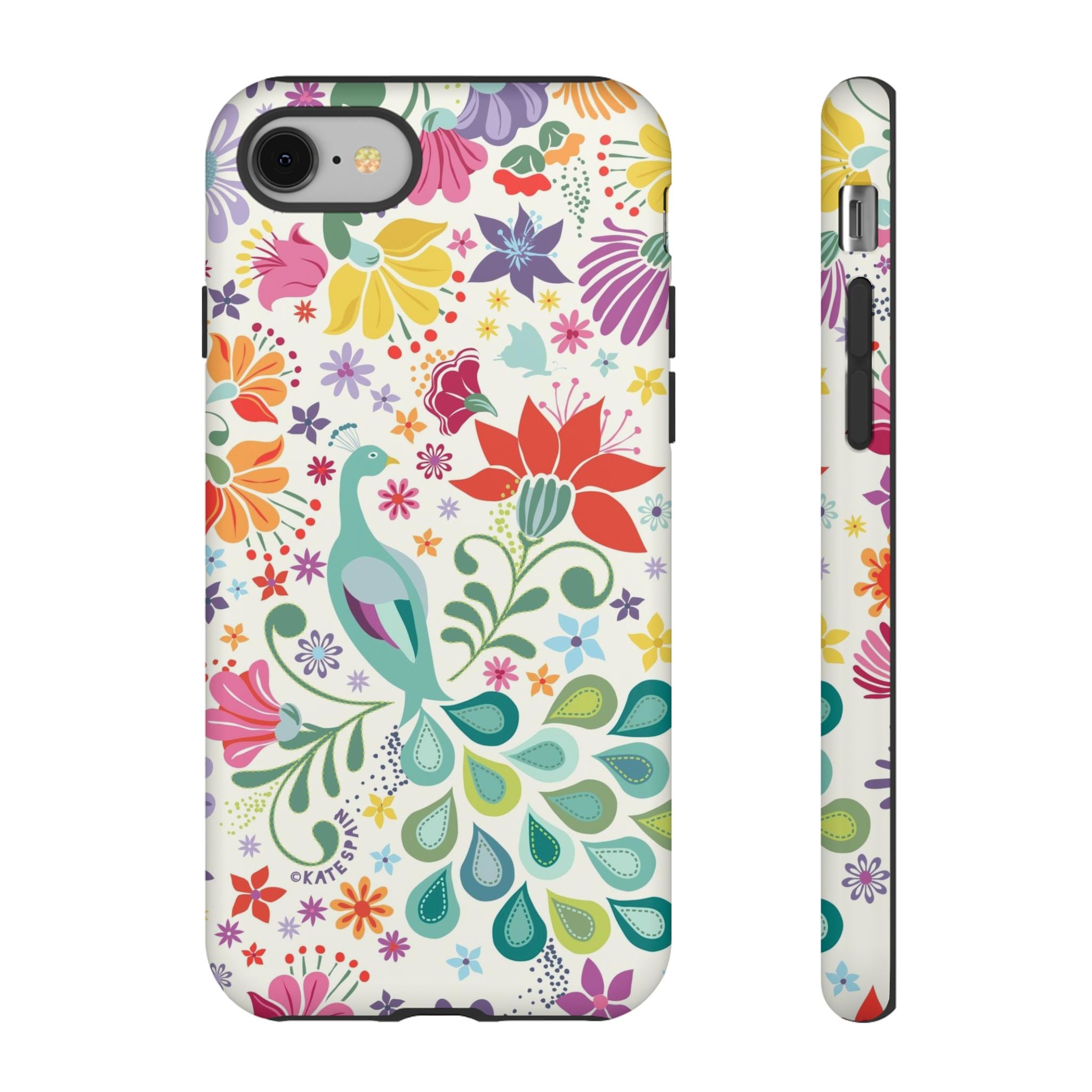 Peacock Sanctuary Tough iPhone 8 Case – Matte | white, teal, coral multicolor vibrant peacock feather botanical print
