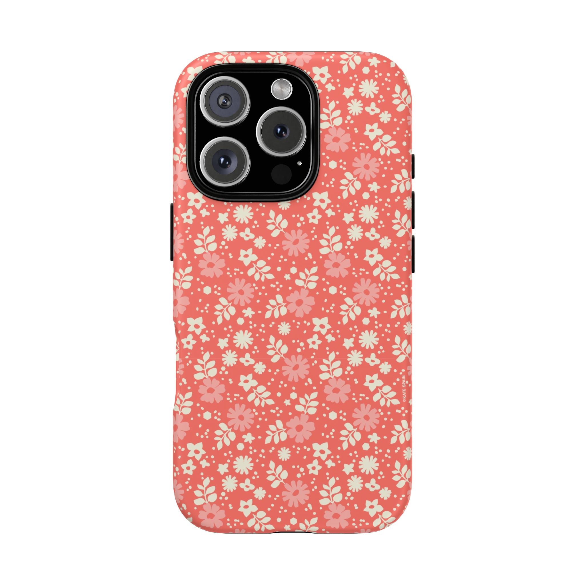 Petaline Tough iPhone 16 Pro Case – Matte | coral, pink, cream ditsy floral print