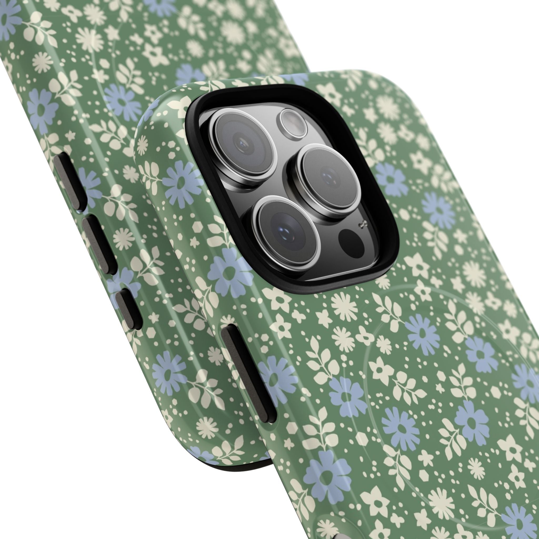 Petaline Green MagSafe iPhone 17 Case – Glossy | cream and periwinkle blue ditsy floral print on a sage green ground | angled view closeup of camera cutout and buttons