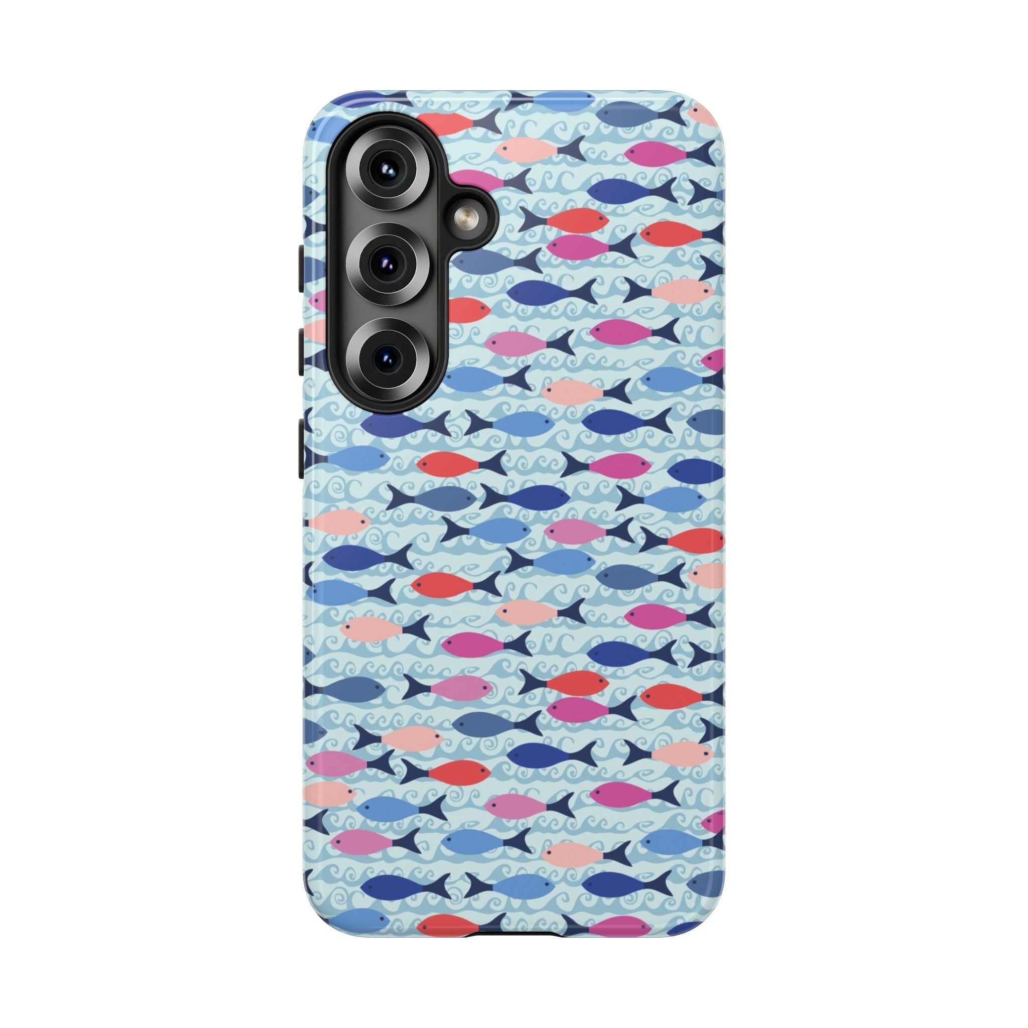 Summer Minnows Samsung Galaxy S25 Case – Glossy | navy, coral, pink, and periwinkle fish on a pale aqua ground