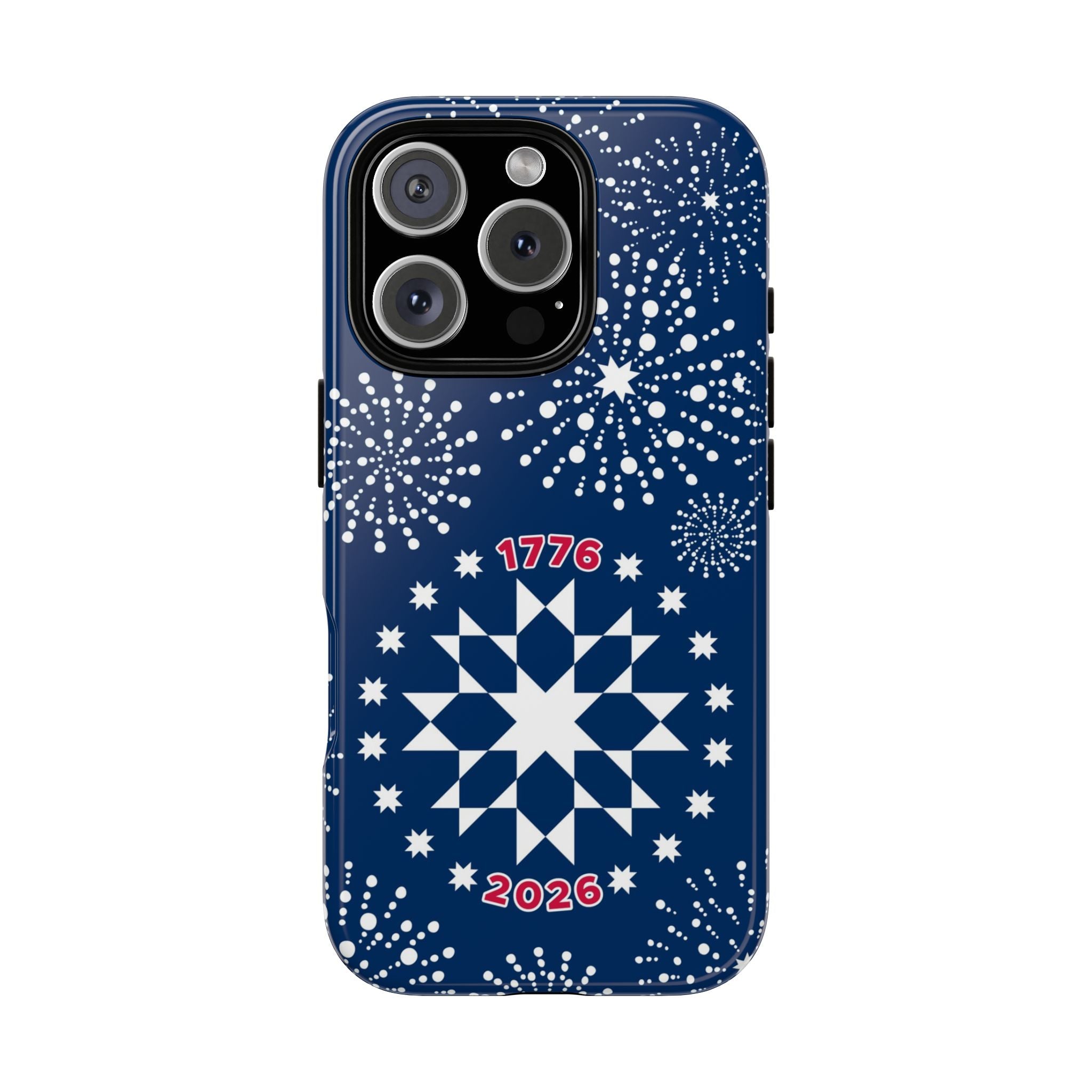 250th Fireworks Tough iPhone 16 Pro Case – Glossy | navy, white patriotic star quilt fireworks print
