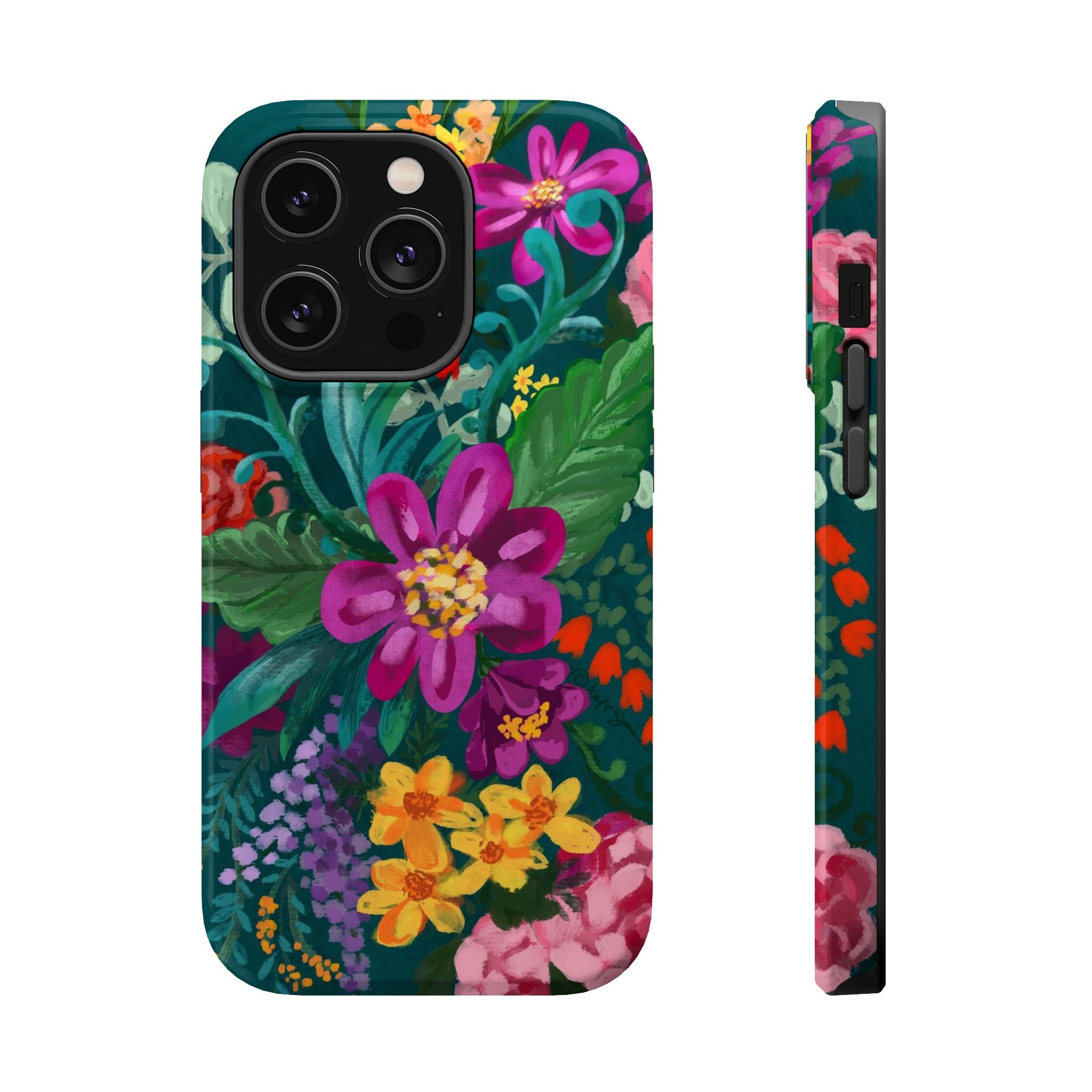 Posy MagSafe iPhone 14 Pro Case – Glossy | teal, magenta, yellow, pink vibrant botanical floral print