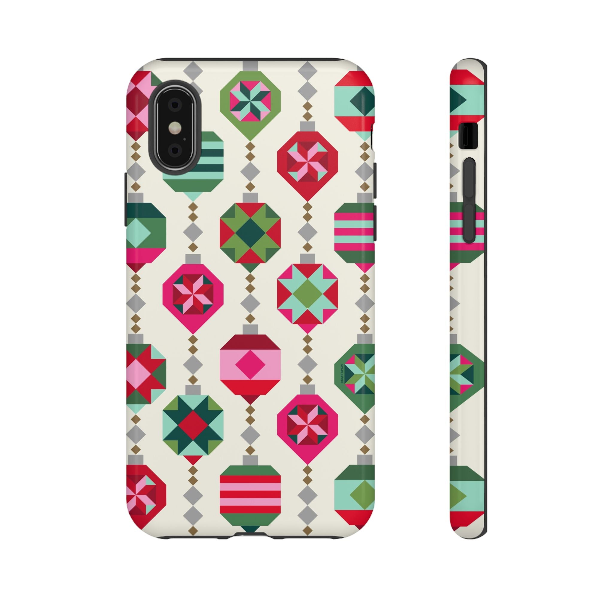 Felicity Ornaments Tough iPhone XS Case – Glossy | cream, red, pink, green, mint geometric quilted ornament print