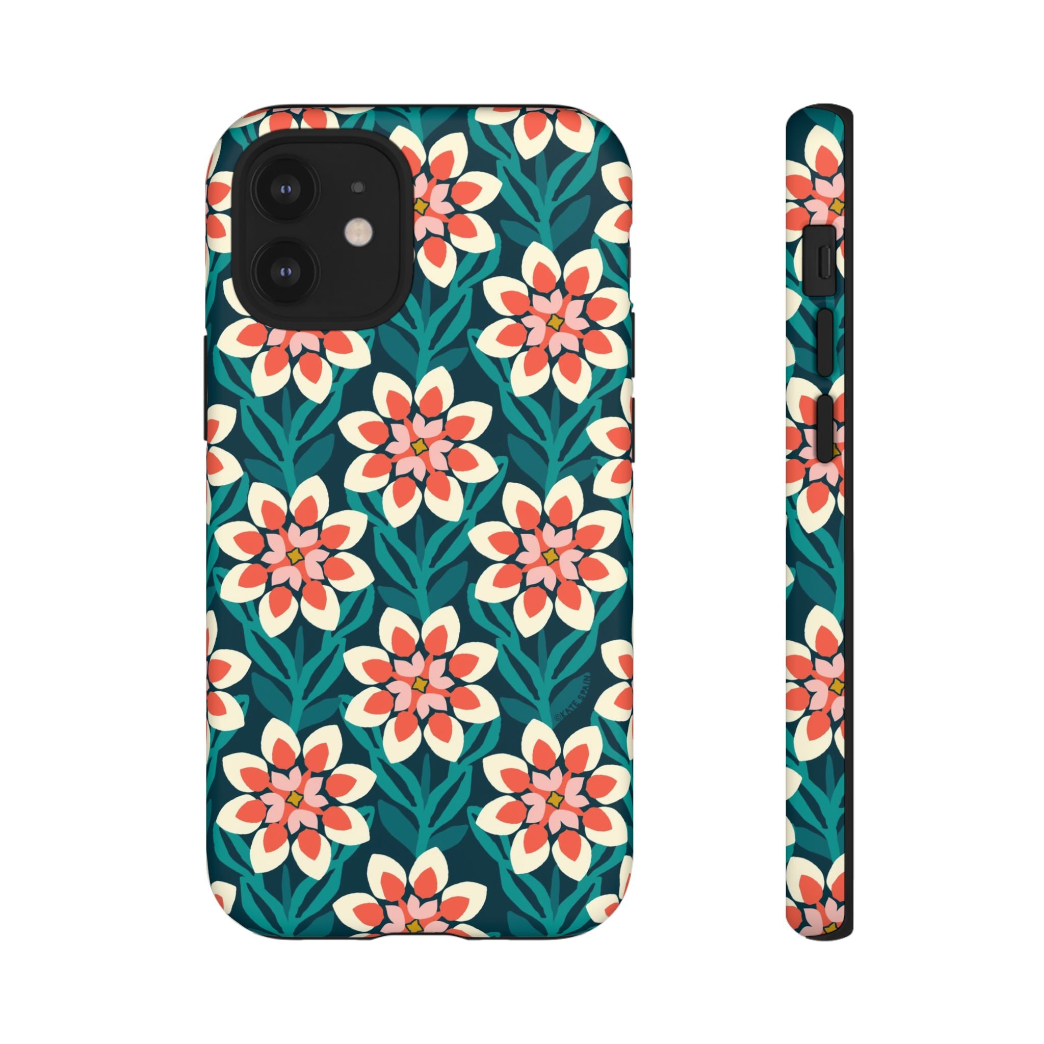 Modern Dahlia Tough iPhone 12 mini Case – Matte | teal, coral, cream geometric dahlia floral print