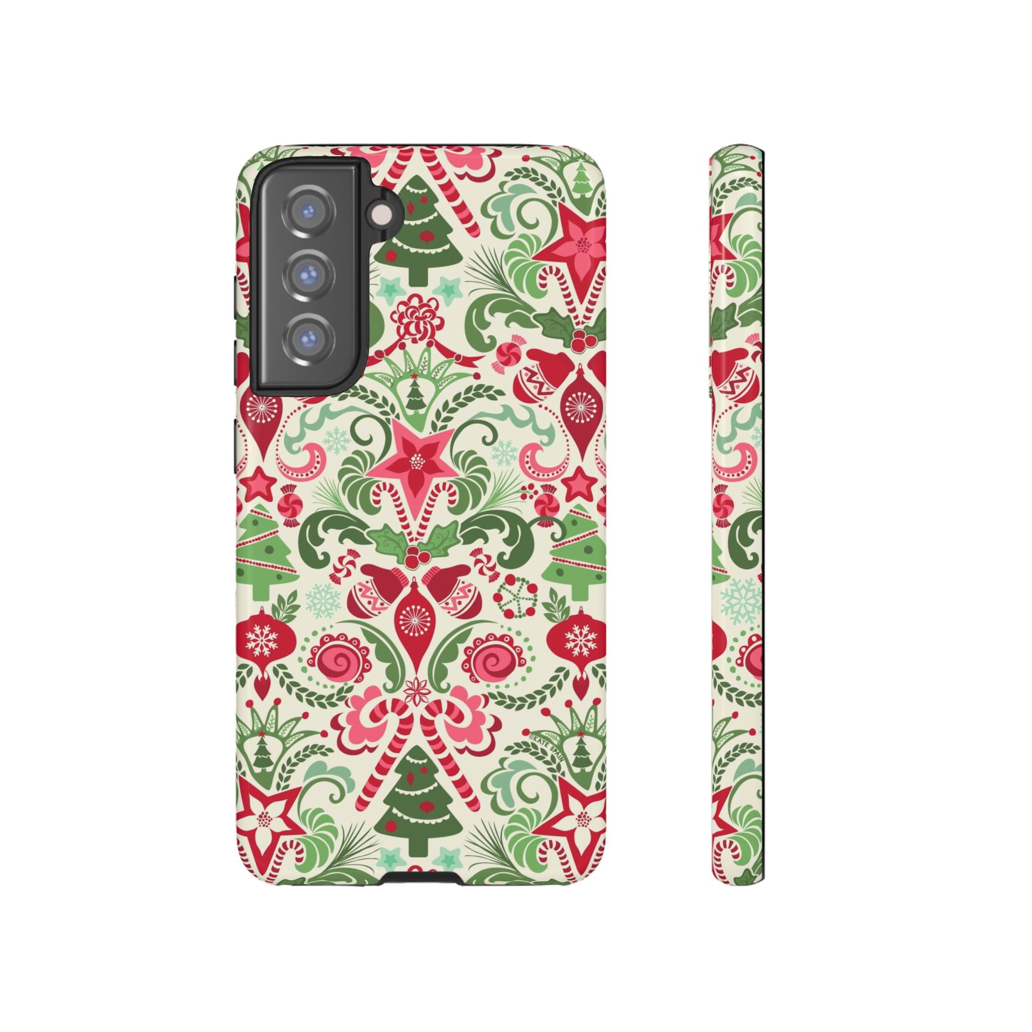 Luxury Wonderland Samsung Galaxy S21 FE Case – Glossy | cream, red, green ornate damask Christmas floral print