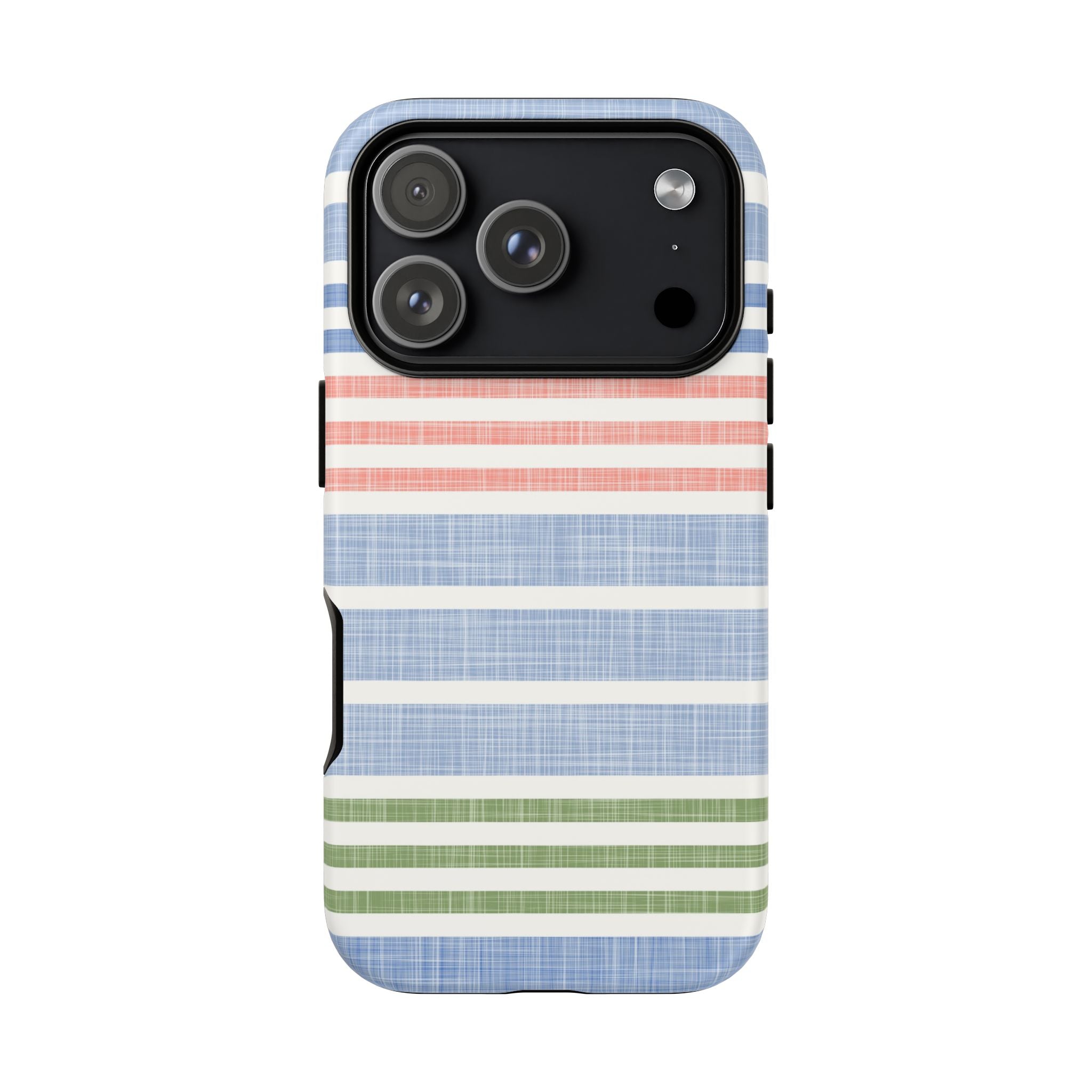 Cabana Stripe Pastel Tough iPhone 17 Pro Case – Matte | soft blue, coral, sage green chambray-textured stripe print dual-layer protection