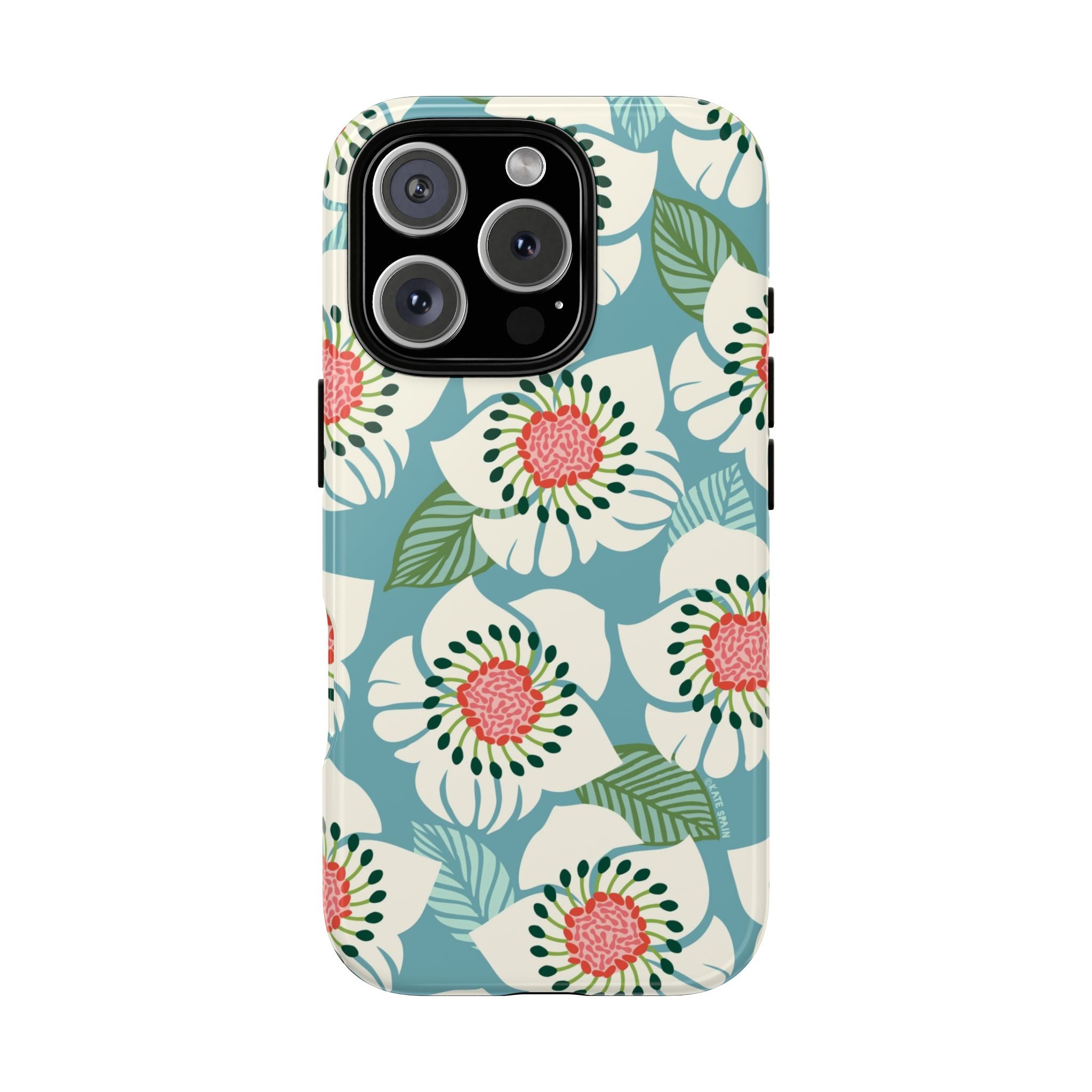 Panache Floral Tough iPhone 16 Pro Max Case – Glossy | sky blue, pale cream, pink anemone floral print