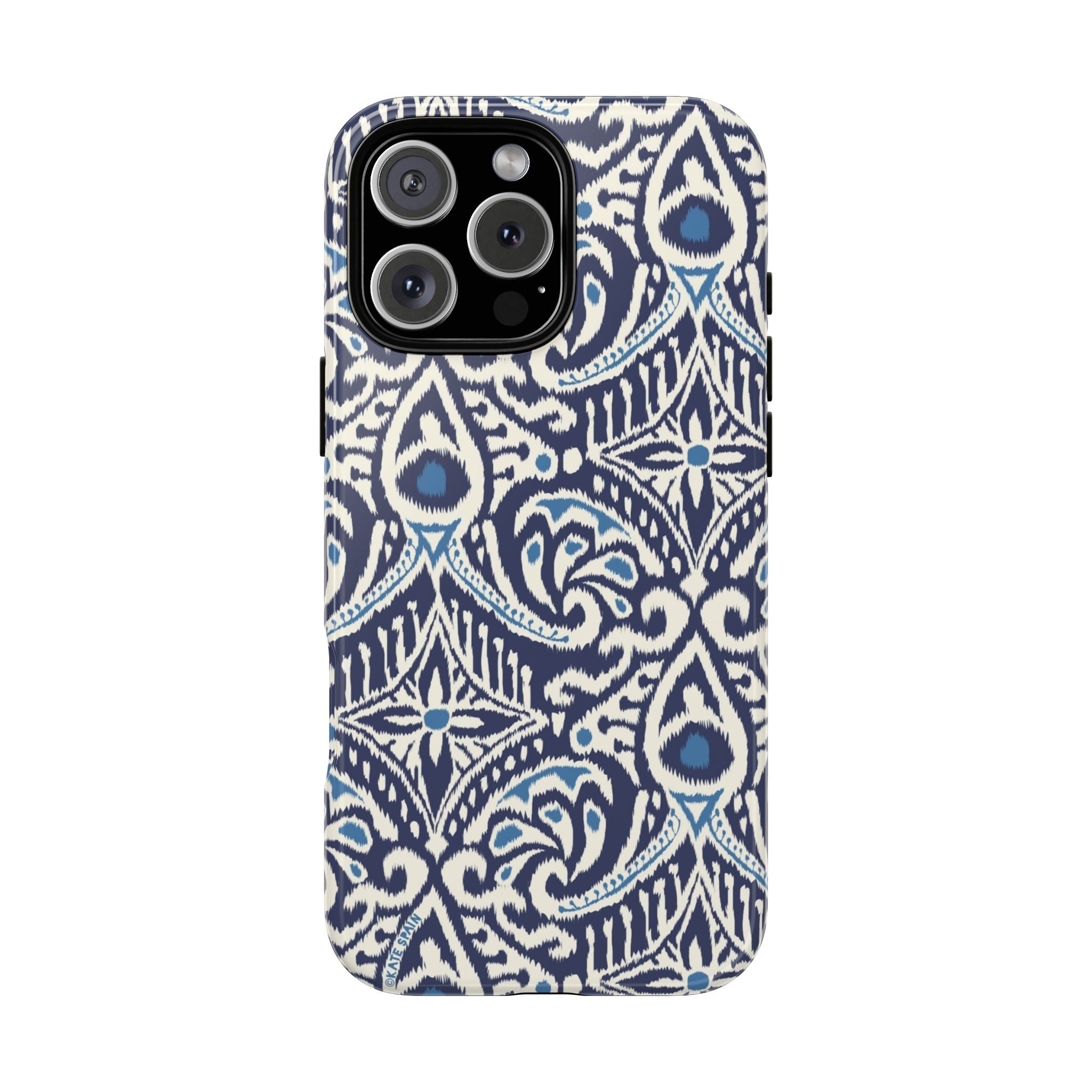 Ikat Tough iPhone 16 Pro Max Case – Glossy | navy, cream, blue ikat medallion print