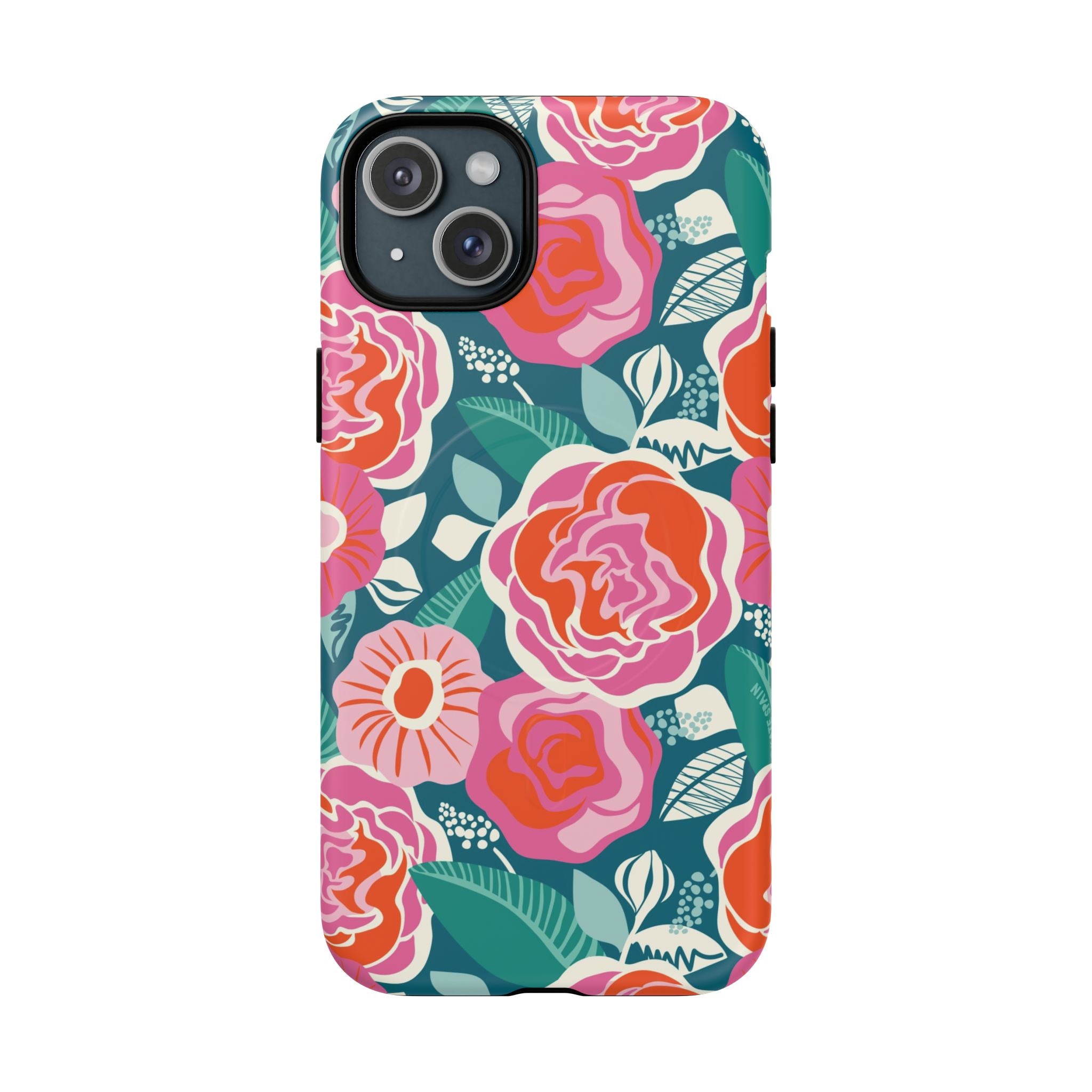 Luxury Tea Rose Teal MagSafe iPhone 15 Plus Case – Matte | teal, coral, pink botanical rose floral print