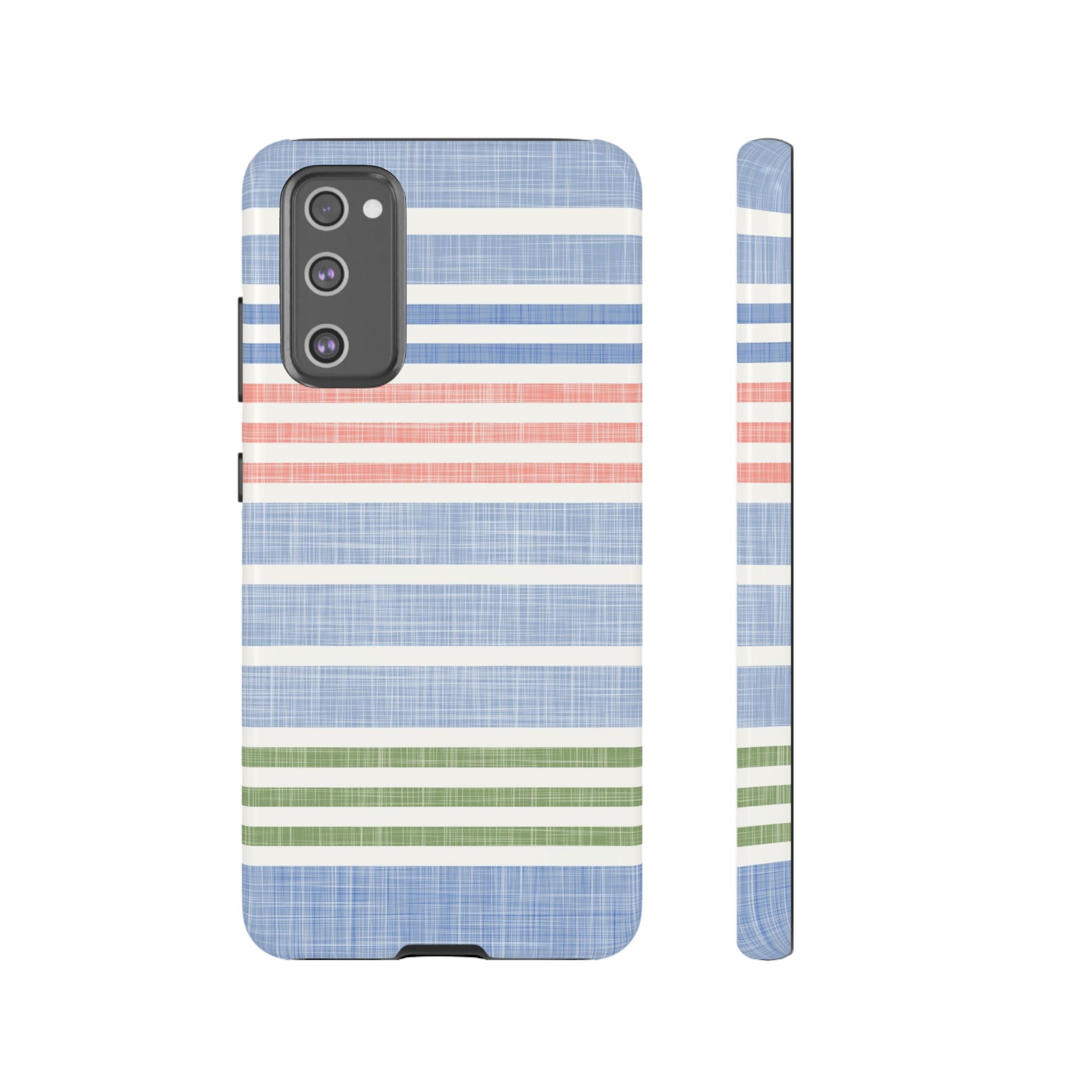Cabana Stripe Pastel Samsung Galaxy S20 FE Case – Glossy | soft blue, coral, sage green chambray-textured stripe print dual-layer protection