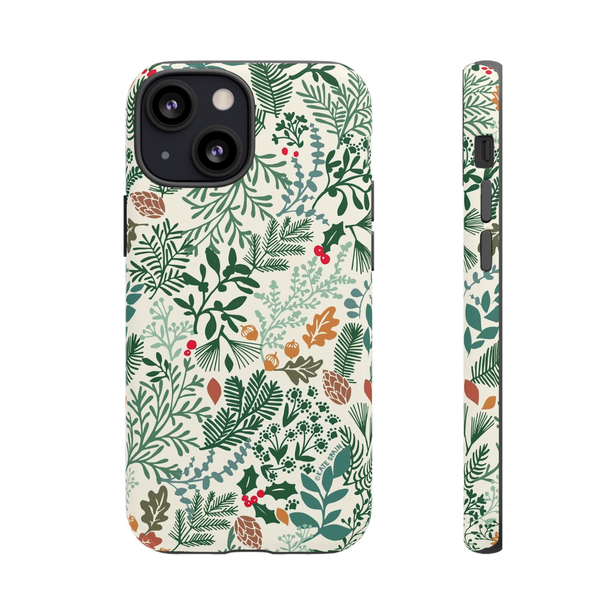 Juniper Tough iPhone 13 Mini Case – Matte | cream, green, red botanical woodland print