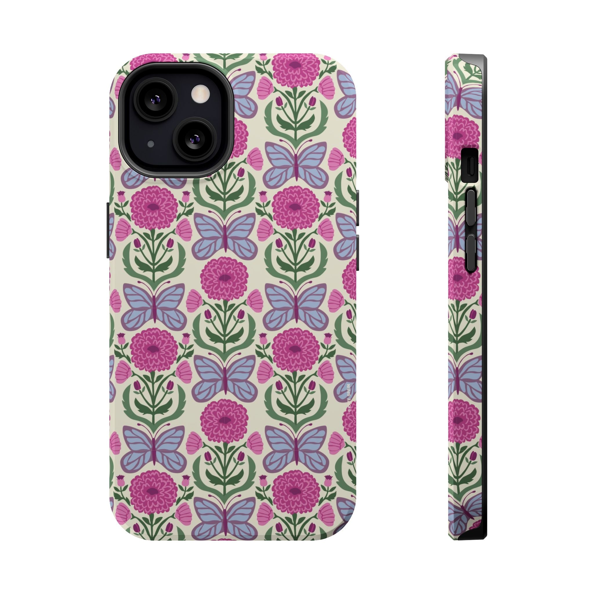 Butterfly MagSafe iPhone 13 Case – Glossy | cream, magenta, periwinkle butterfly floral print