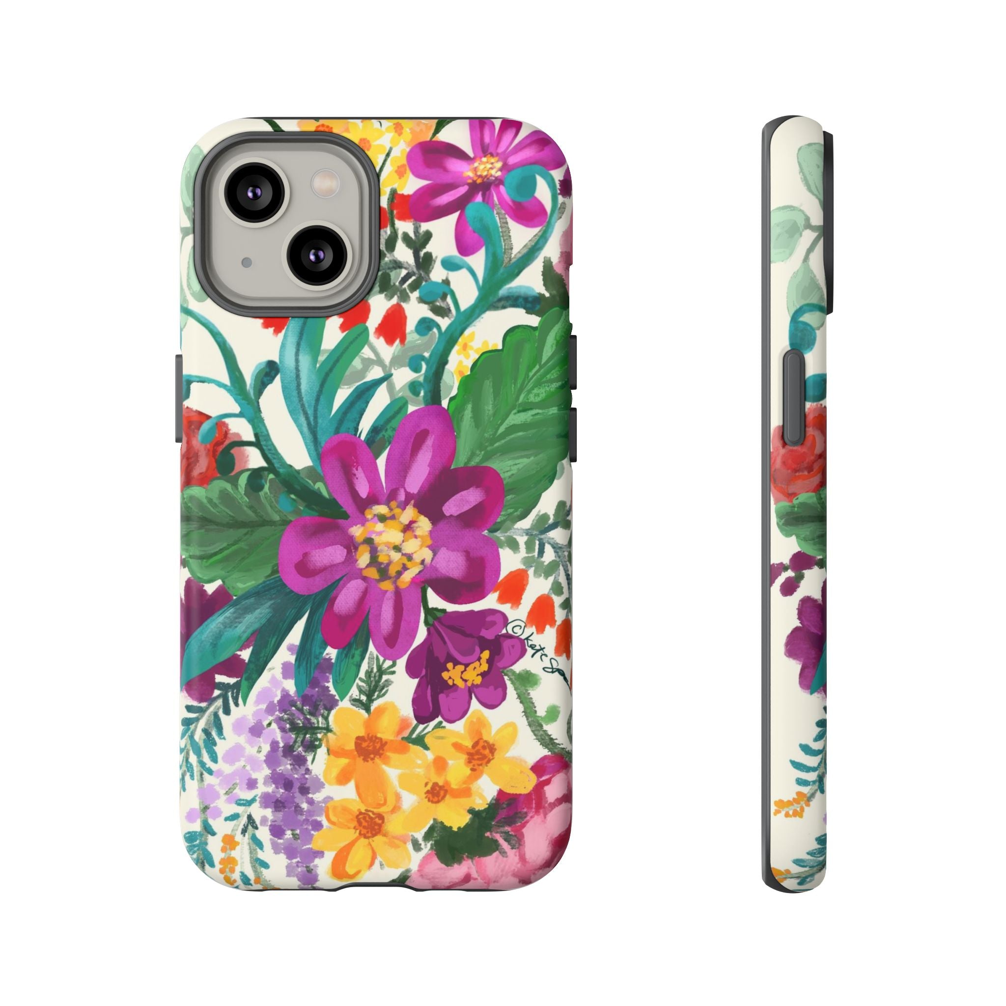 Posy Tough iPhone 14 Case – Matte | cream, magenta, coral botanical floral print