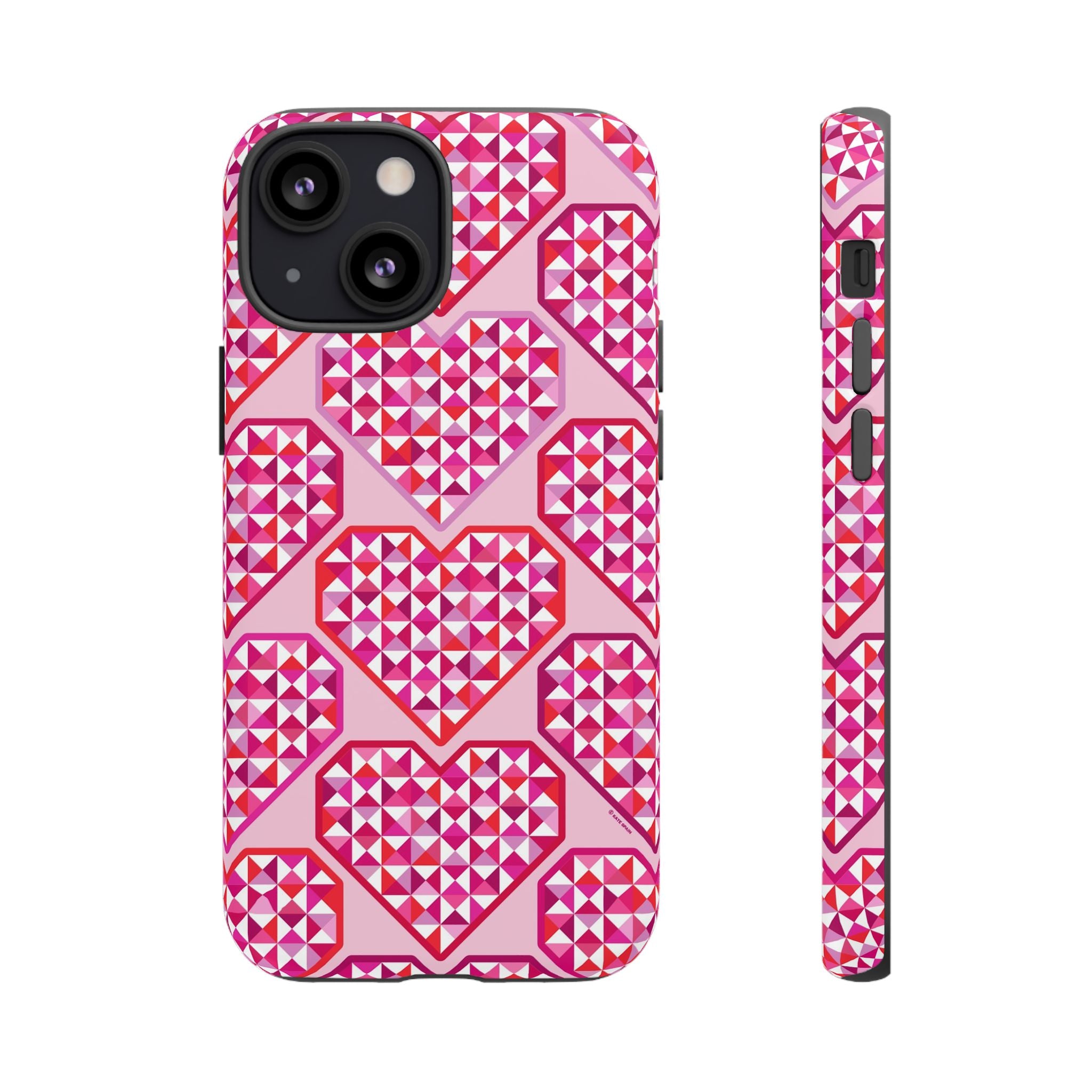 Pink Pyramid Heart Tough iPhone 13 Mini Case – Matte | blush, pink, magenta, red geometric pyramid heart print