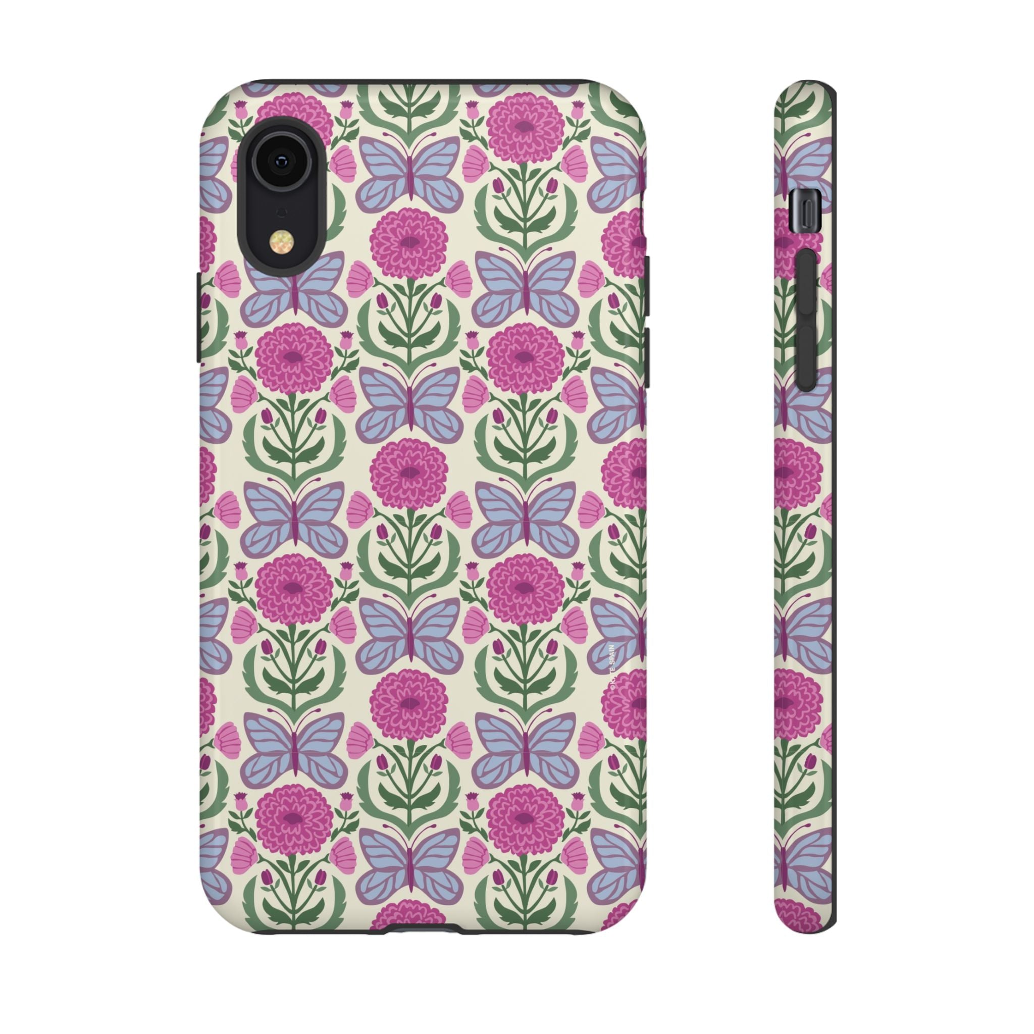 Butterfly Tough iPhone XR Case – Glossy | cream, magenta, periwinkle butterfly floral print