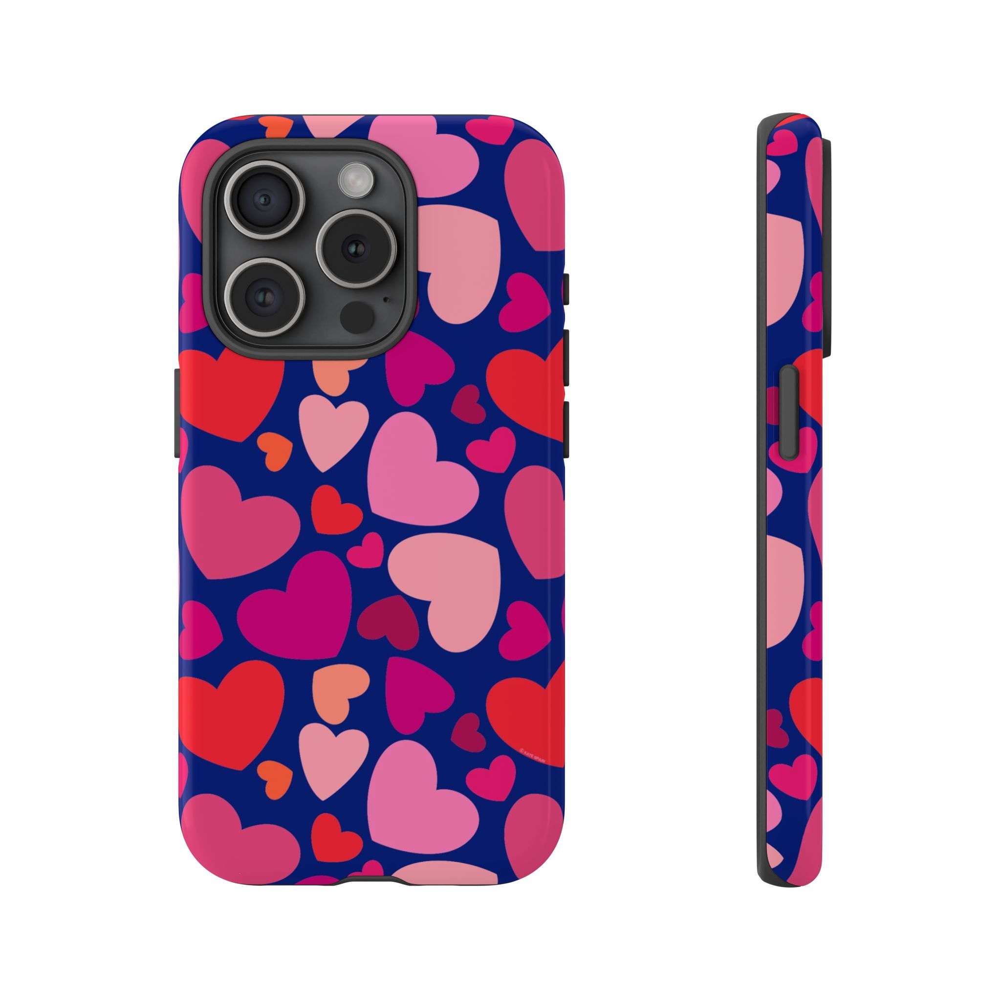 Hearts Tough iPhone 15 Pro Case – Glossy | navy, pink, red, coral scattered heart print