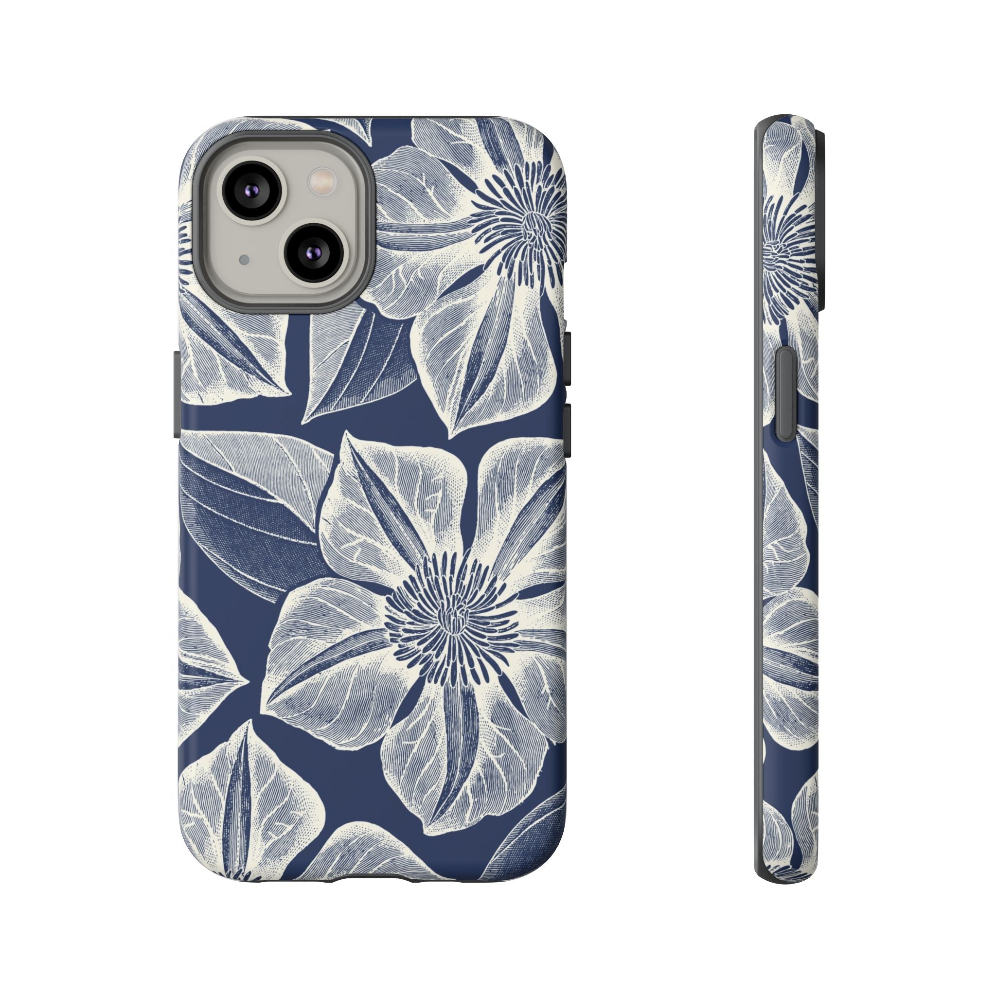 Vintage Bloom Navy iPhone 14 case – Matte | navy ground, large-scale cream clematis print, engraved petal detail, dual-layer protection