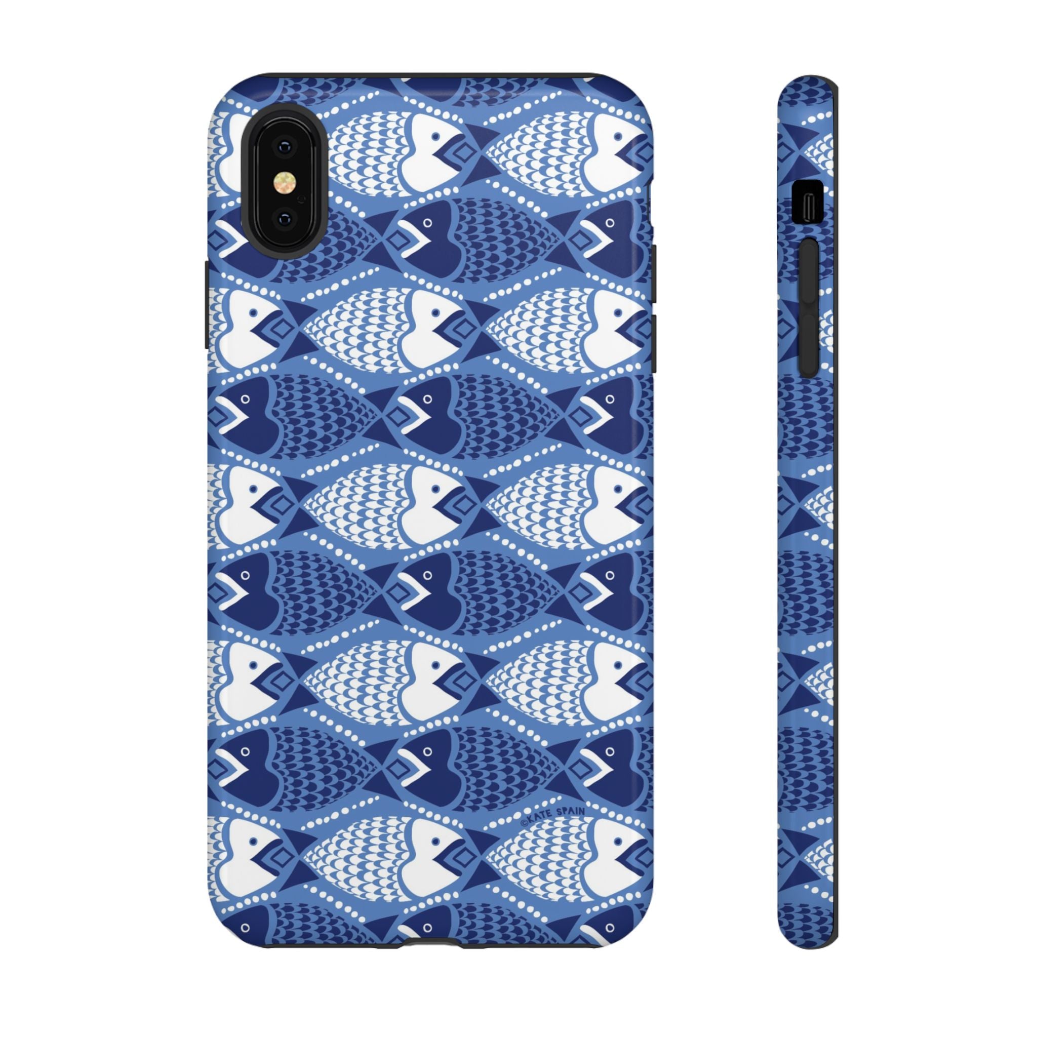 Catch of the Day Tough iPhone XS Max Case – Glossy | navy, blue, white geometric fish print